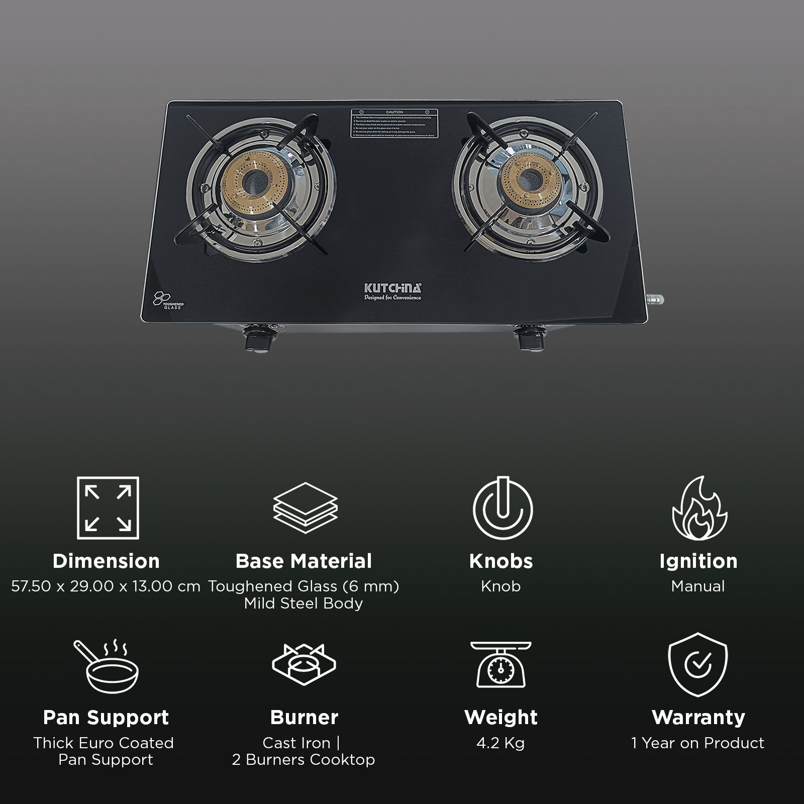 Kutchina CT ECO 2B Toughened Glass Top 2 Burner Manual Gas Stove (Euro Coated Thick Pan Support, Black)_3