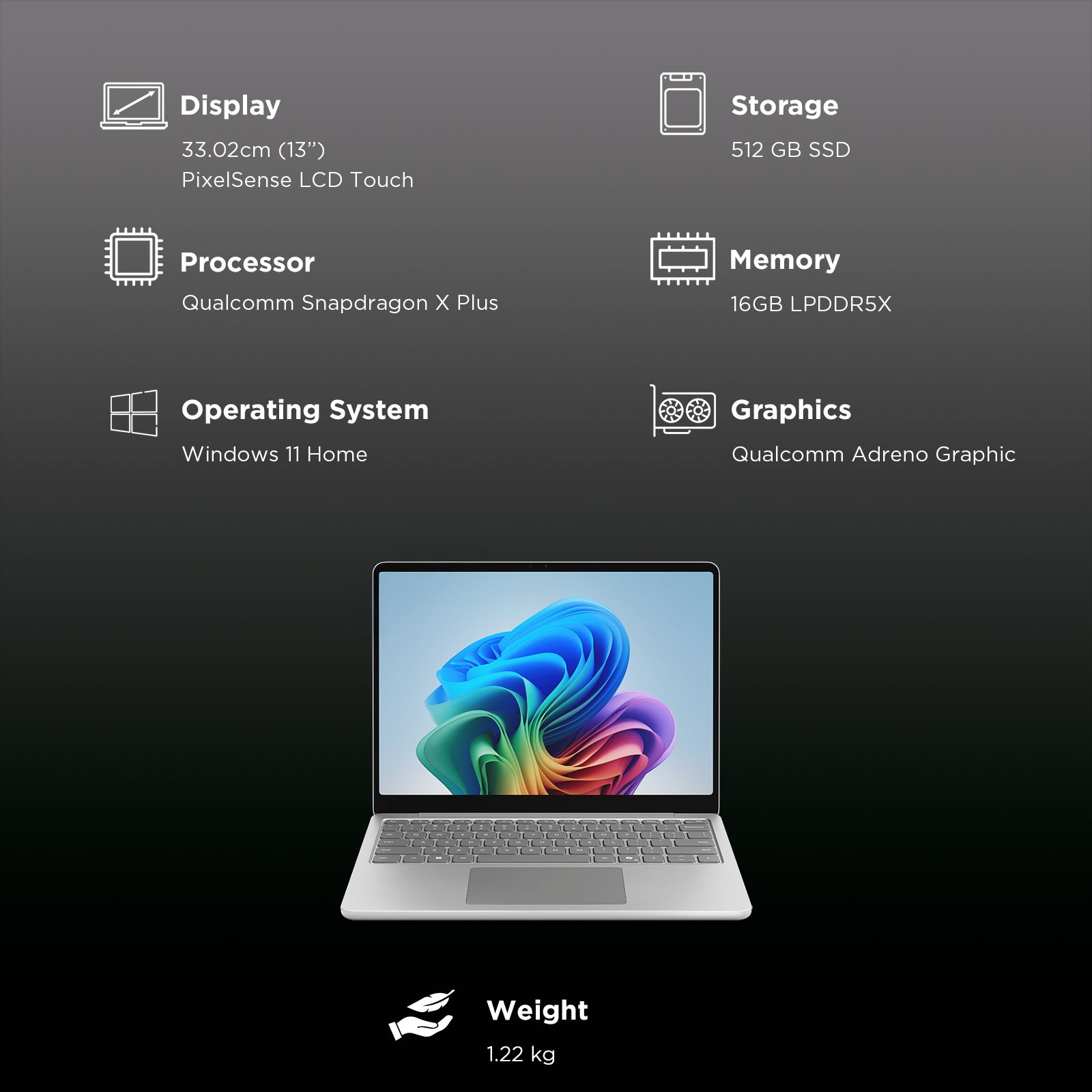 Microsoft Surface Qualcomm Snapdragon X Plus Touchscreen Ultra Thin Laptop (16GB, 512GB SSD, Windows 11 Home, 13 inch PixelSense LCD Display, Platinum, 1.22 KG)_3