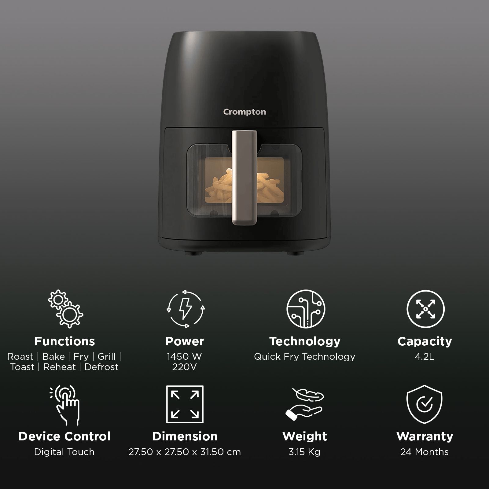 Crompton Ameo DLX 4.2L 1450 Watt Digital Air Fryer with Live Cooking Window (Black & Gold)_3