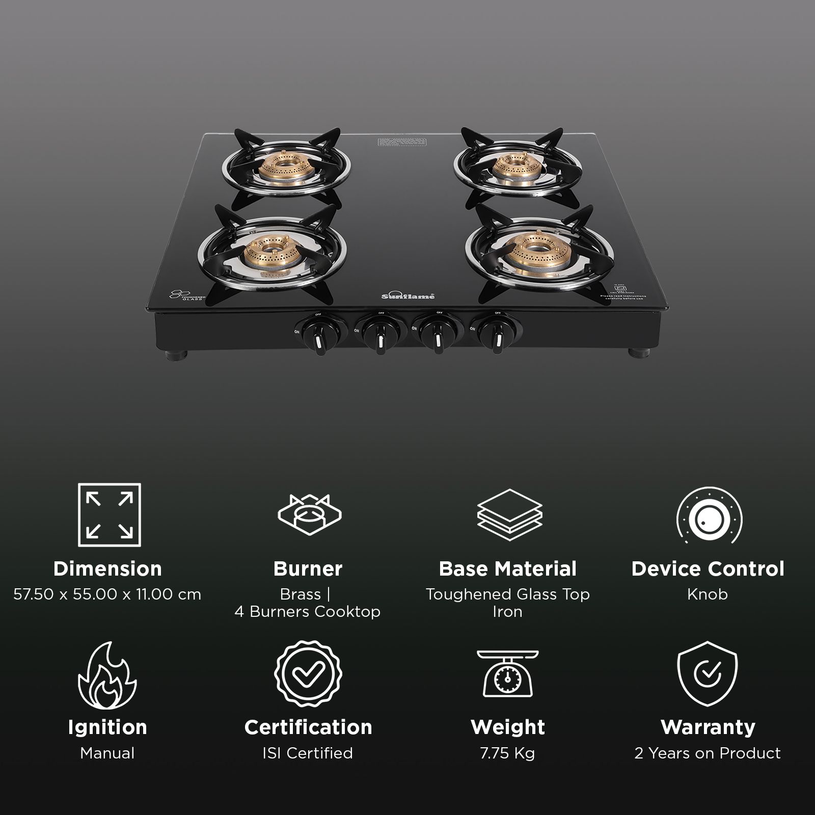 Sunflame Venza Toughened Glass Top 4 Burner Manual Gas Stove (Removable Drip Tray, Black)_3