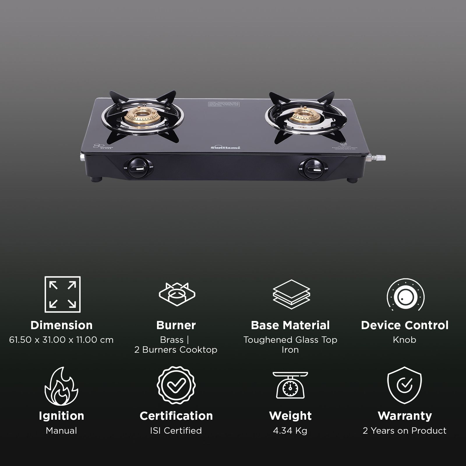 Sunflame Venza Toughened Glass Top 2 Burner Manual Gas Stove (Removable Drip Tray, Black)_3