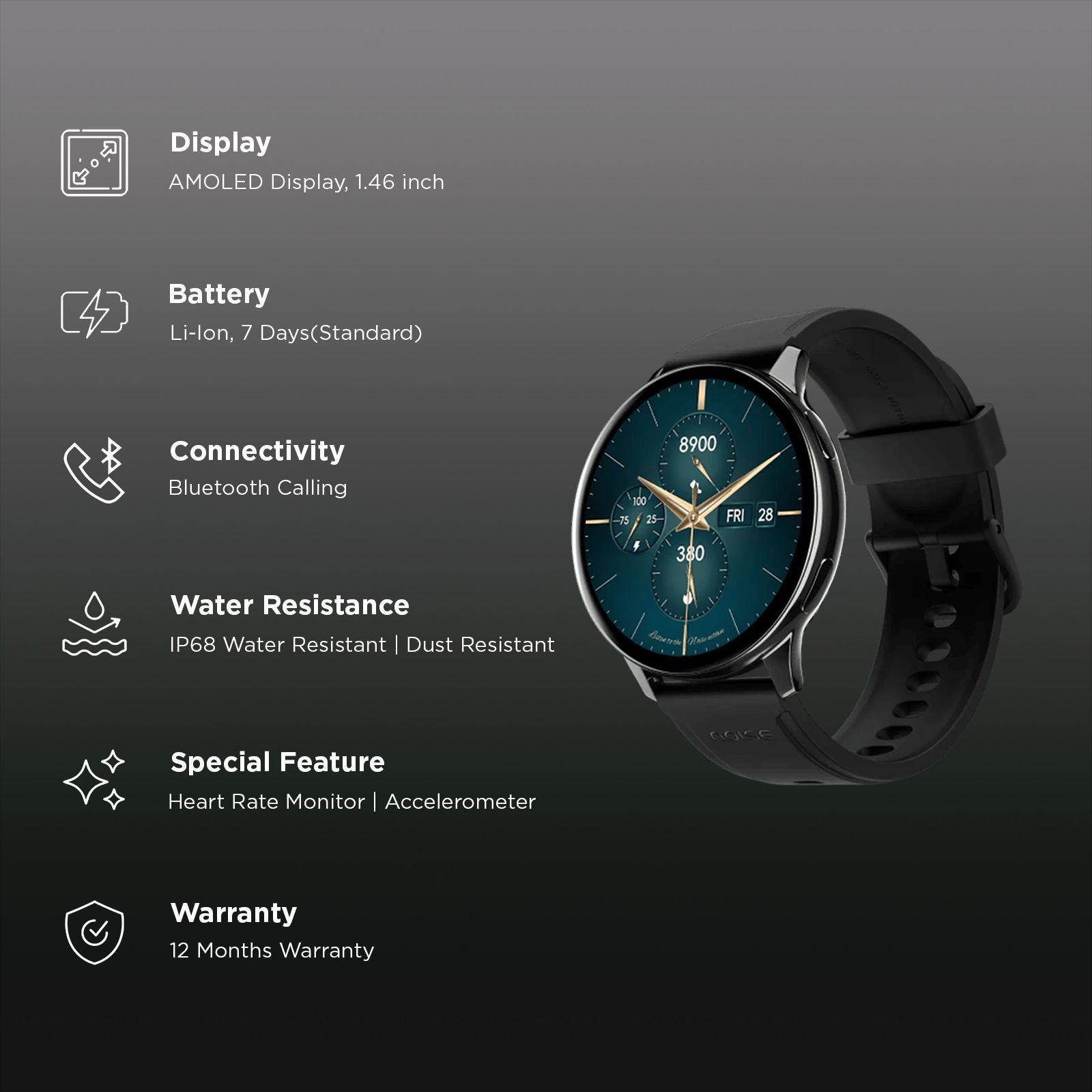 Noise Vortex Plus Smartwatch with Bluetooth Calling (37mm AMOLED Display, IP68 Water Resistant, Jet Black Strap)_2
