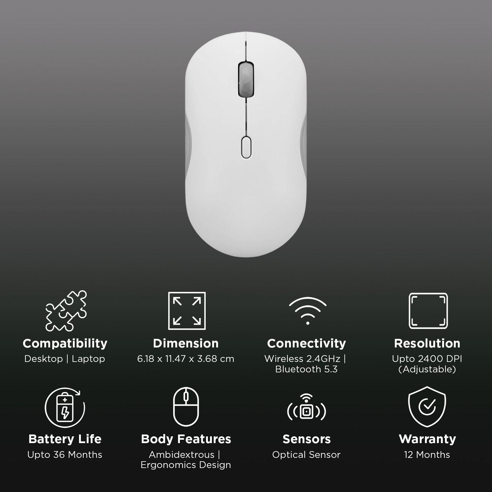 Lenovo 350 Silent Bluetooth 5.3 Wireless Optical Performance Mouse with Customizable Buttons (2400 DPI Adjustable, Full-size Ambidextrous Ergonomic, Cloud Grey) Lenovo 350 Silent Bluetooth 5.3 Wireless Optical Performance Mouse with Customizable Buttons (2400 DPI Adjustable, Full-size Ambidextrous Ergonomic, Cloud Grey)_2