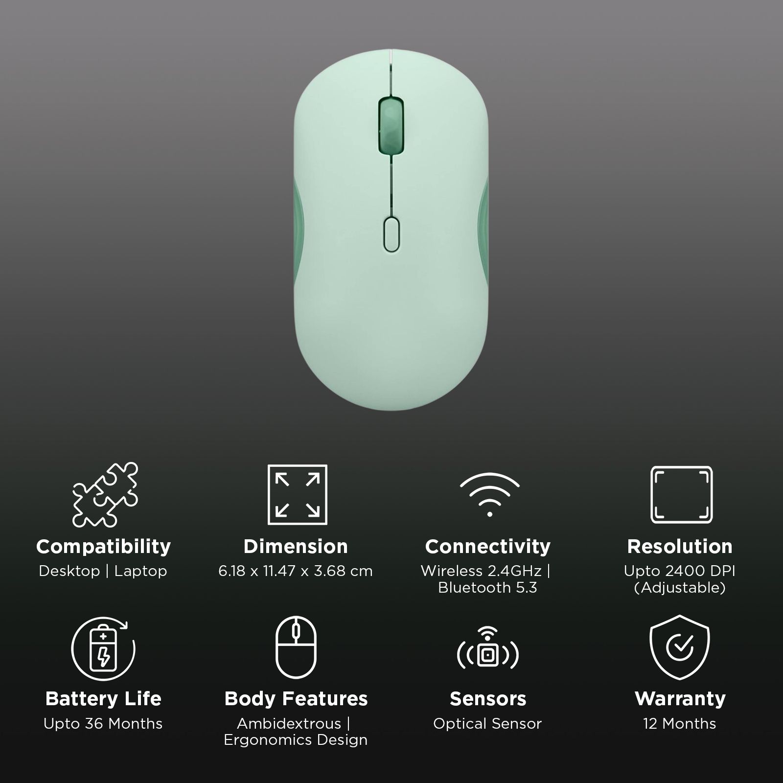 Lenovo 350 Silent Bluetooth 5.3 Wireless Optical Performance Mouse with Customizable Buttons (2400 DPI Adjustable, Full-size Ambidextrous Ergonomic, Breeze Moss)_2