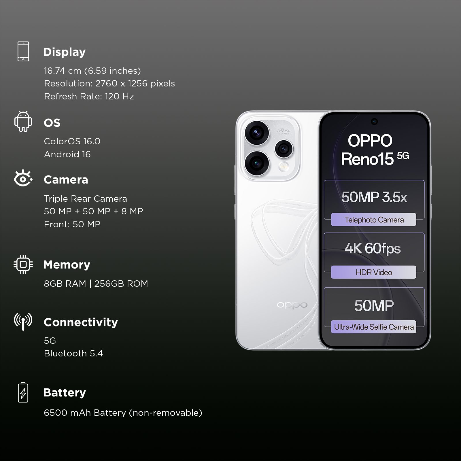 oppo Reno15 5G (8GB RAM, 256GB, Glacier White)_2