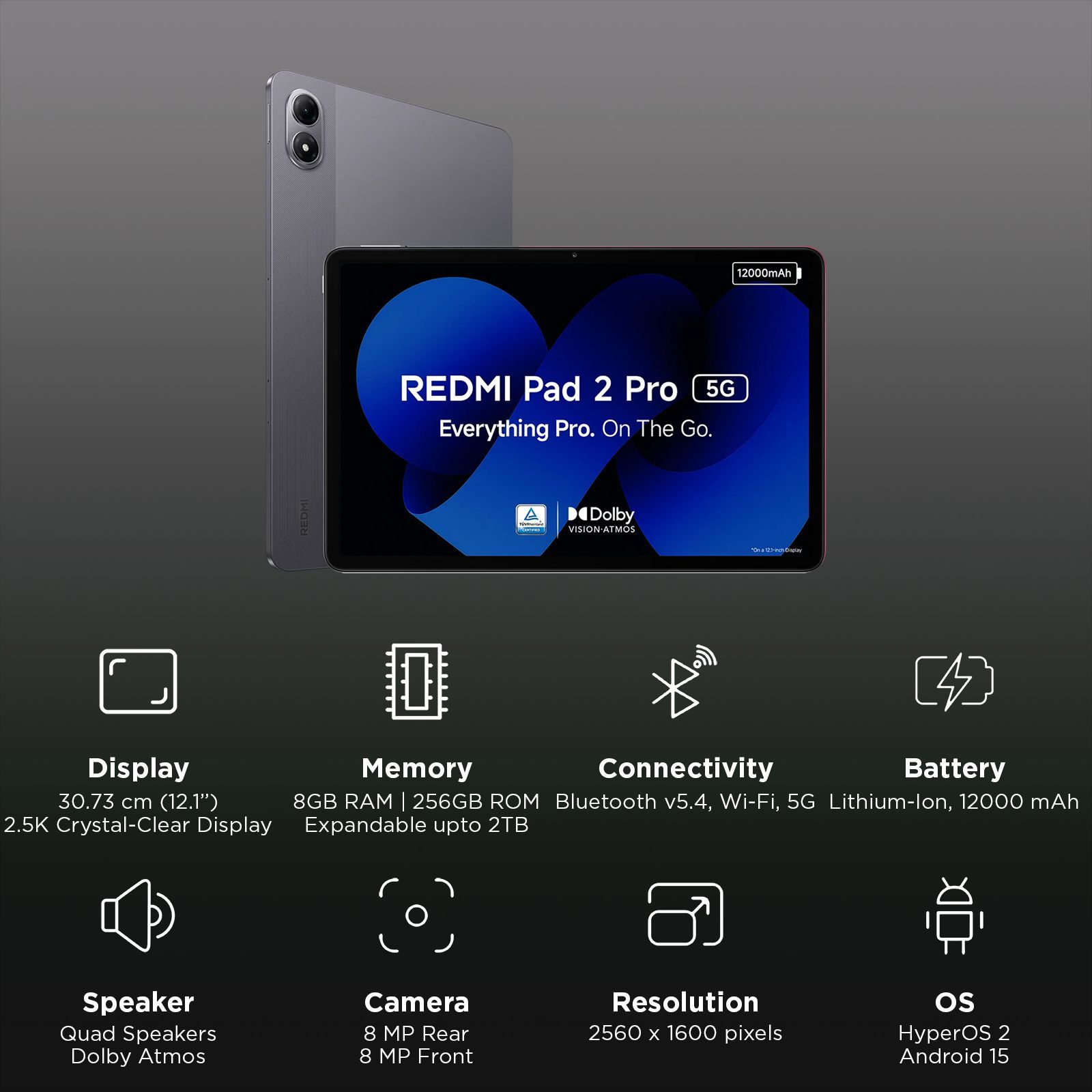 Redmi Pad 2 Pro Wi-Fi+5G Android Tablet (12.1 Inch, 8GB RAM, 256GB ROM, Graphite Grey)_3