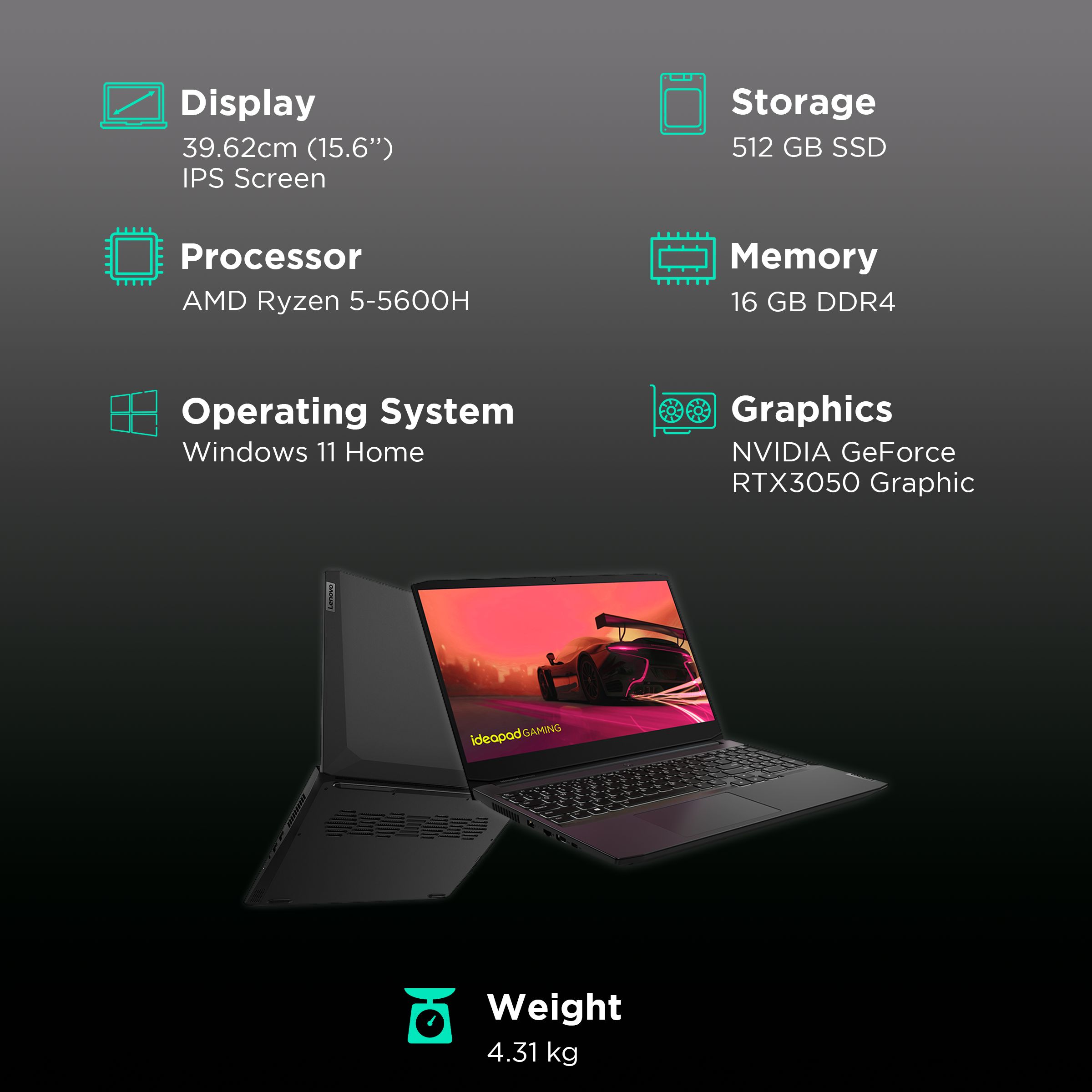 Lenovo IdeaPad Gaming 3 AMD Ryzen 5 (15.6 inch, 16GB, 512GB, Windows 11 Home, MS Office 2021, NVIDIA GeForce RTX 3050, Full HD IPS Display, Shadow Black, 82K201V1IN)_3