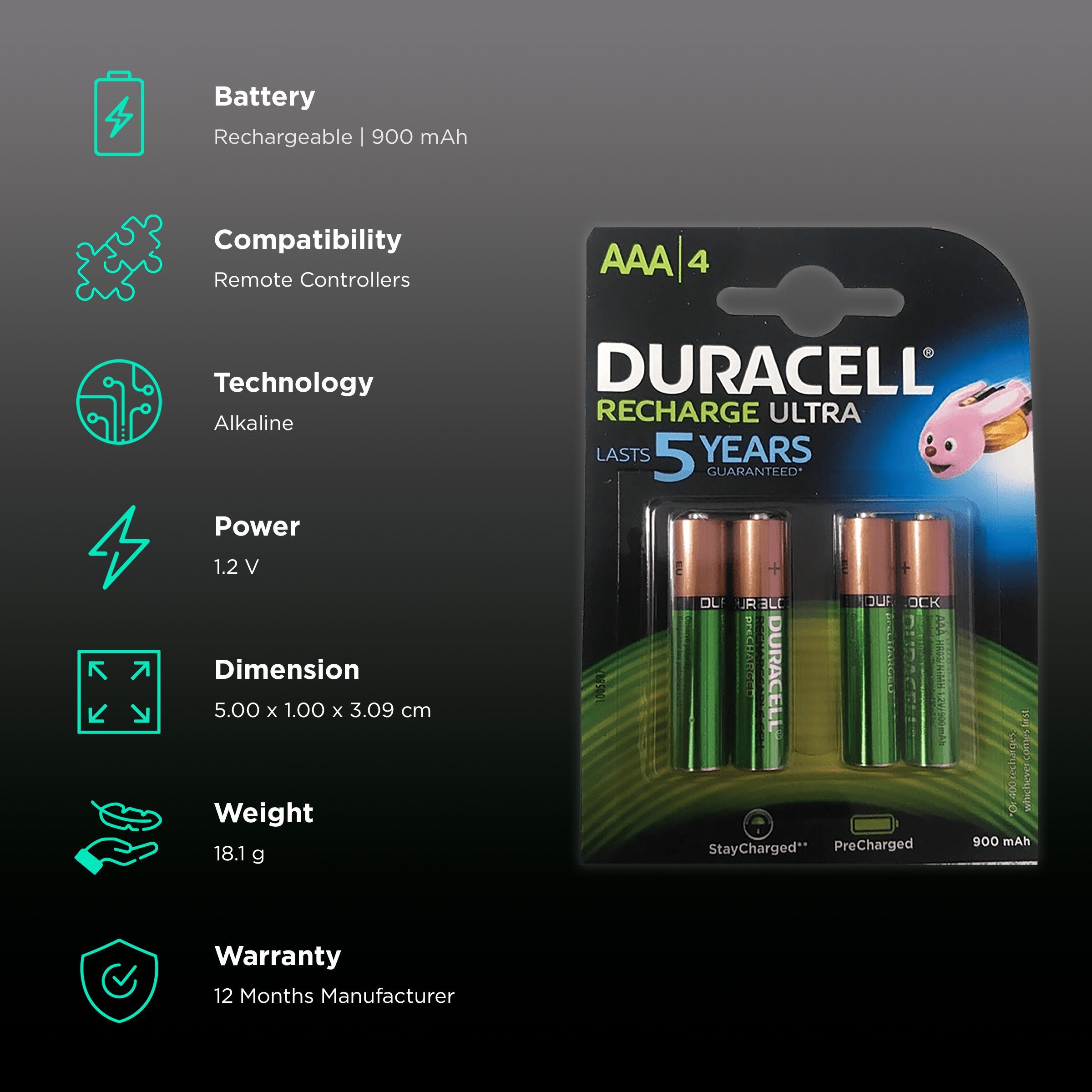 DURACELL Recharge Ultra 900 mAh Alkaline AAA Battery (Pack of 4)_2