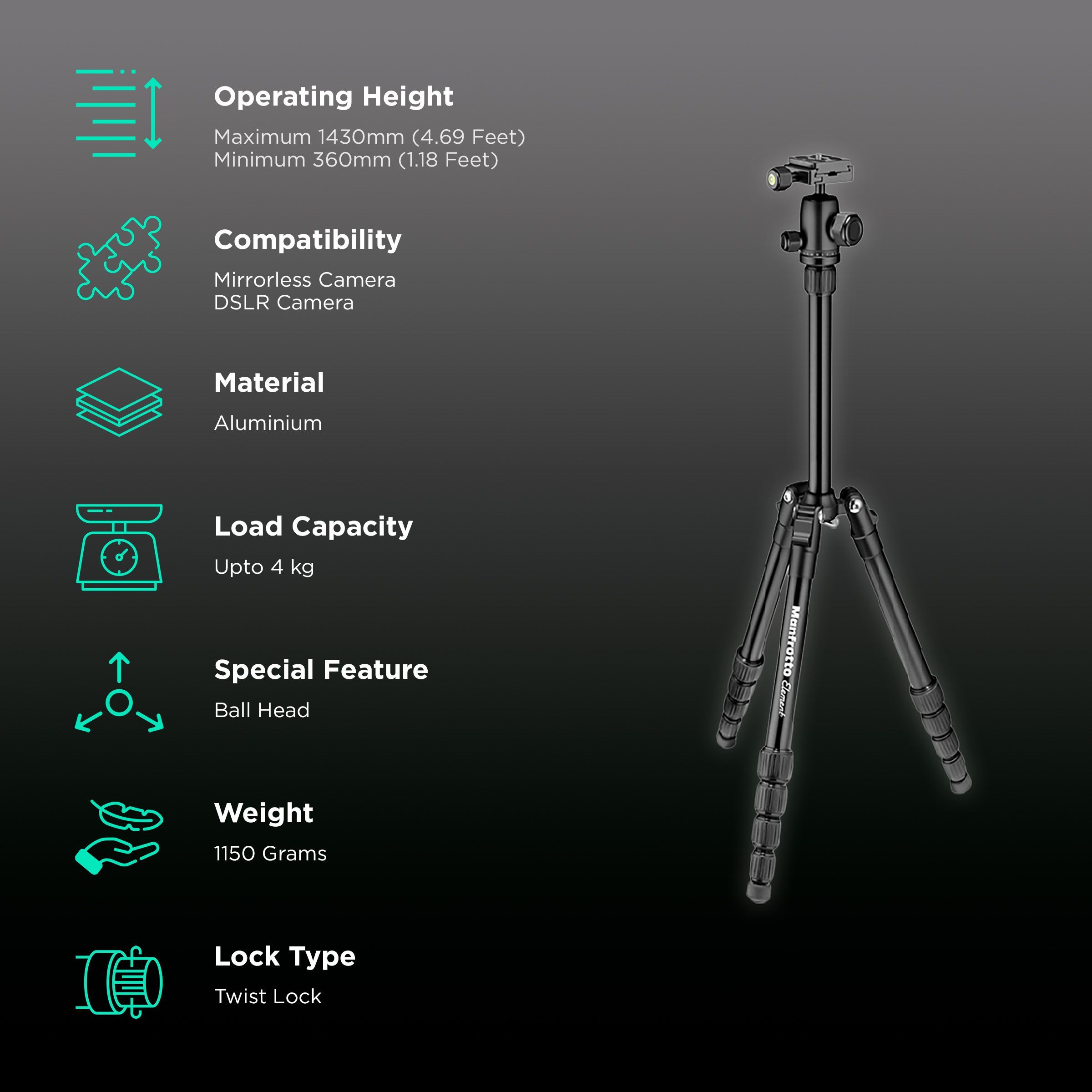 Manfrotto Element 143cm Adjustable Tripod for Camera (360 Degree Panoramic Rotation, Black)_2