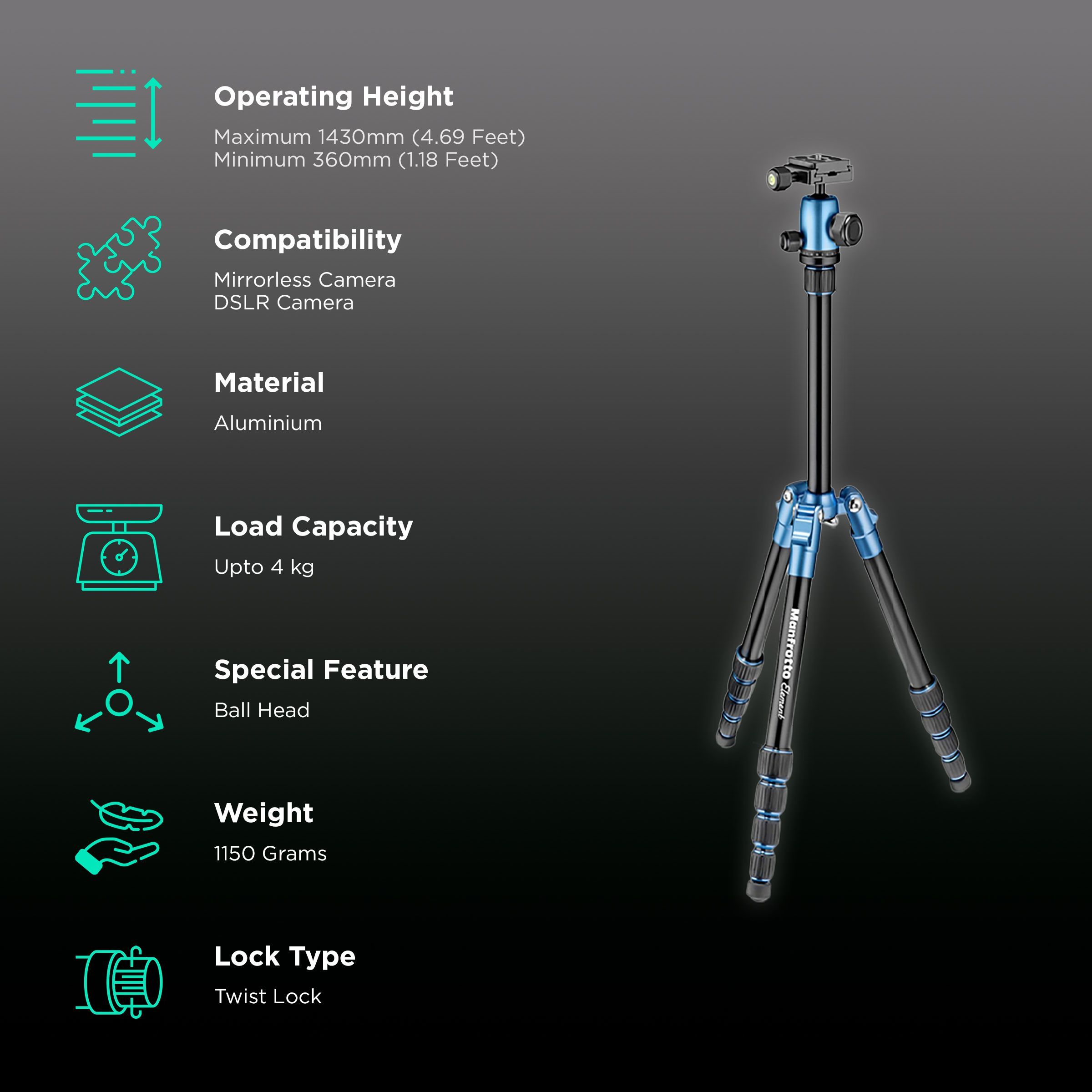 Manfrotto Element 143cm Adjustable Tripod for Camera (360 Degree Panoramic Rotation, Blue)_2