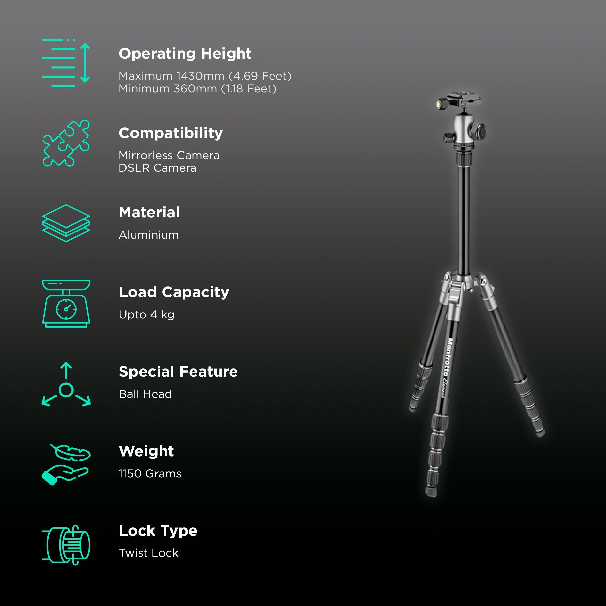 Manfrotto Element 143cm Adjustable Tripod for Camera (360 Degree Panoramic Rotation, Grey)_2