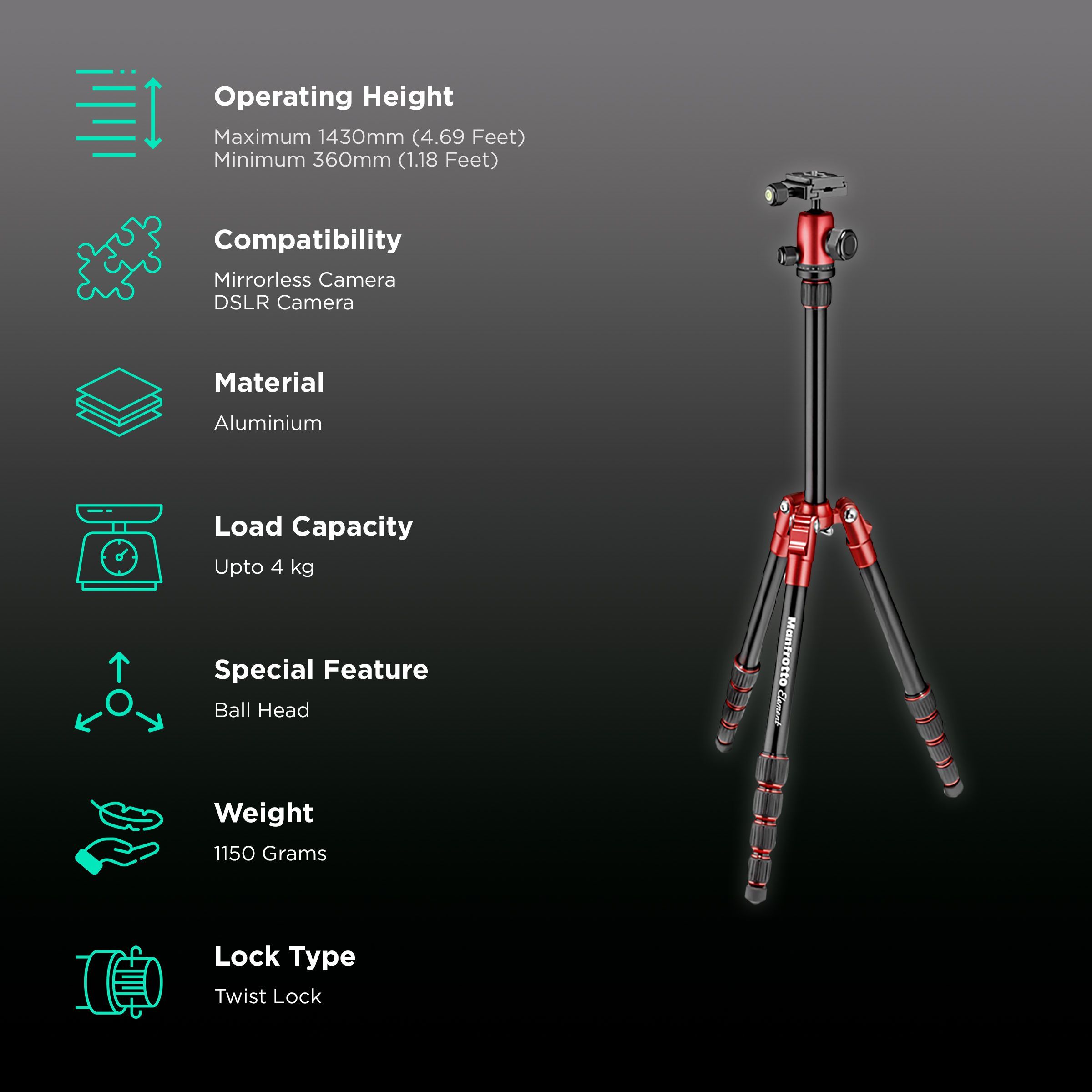 Manfrotto Element 143cm Adjustable Tripod for Camera (360 Degree Panoramic Rotation, Red)_2