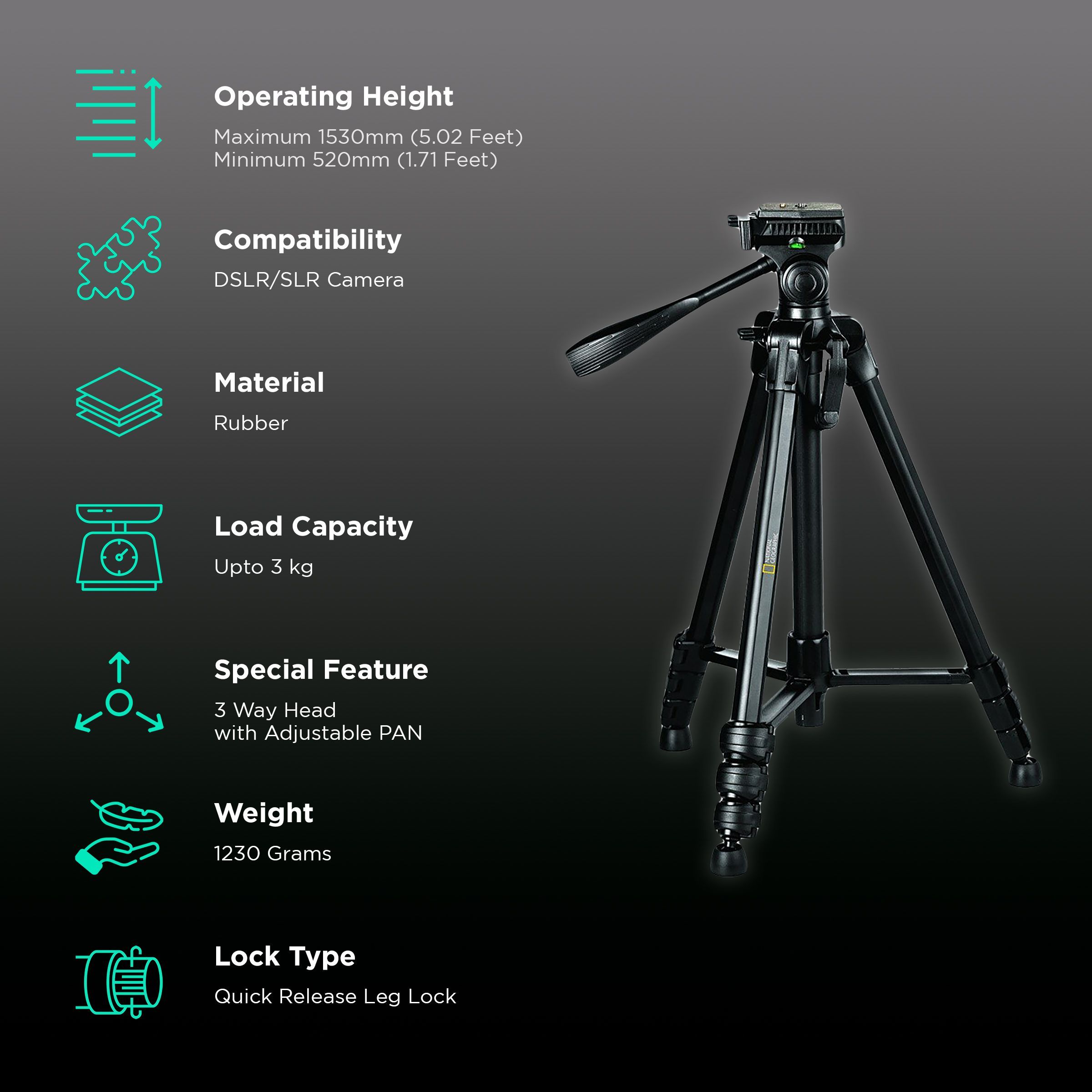 National Geographic 153cm Adjustable Tripod for Camera (3 Way Pan Head, Black)_2
