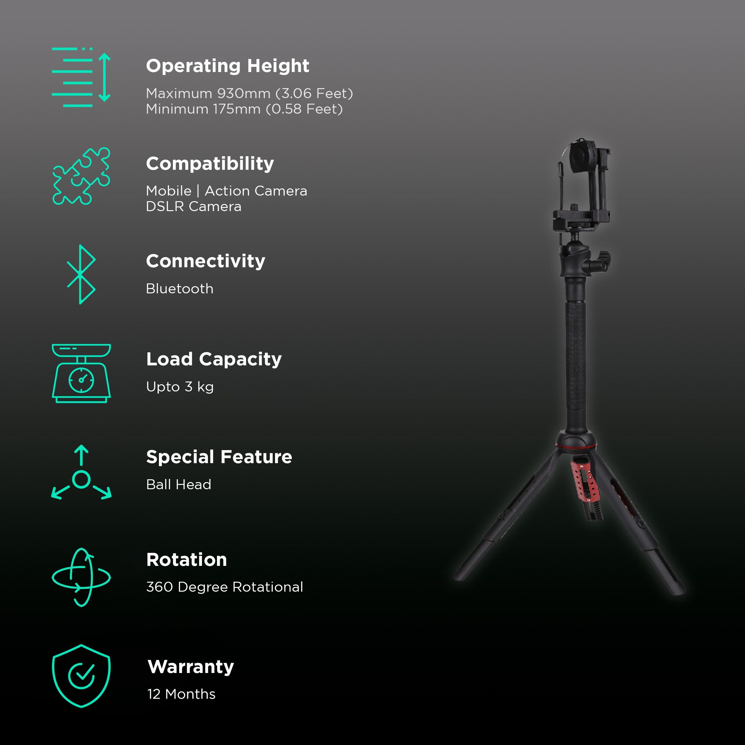 Croma 93cm Adjustable Bluetooth Selfie Stick with Tripod for Mobile and Camera (2 in 1, Black) Croma 93cm Adjustable Bluetooth Selfie Stick with Tripod for Mobile and Camera (2 in 1, Black)_2