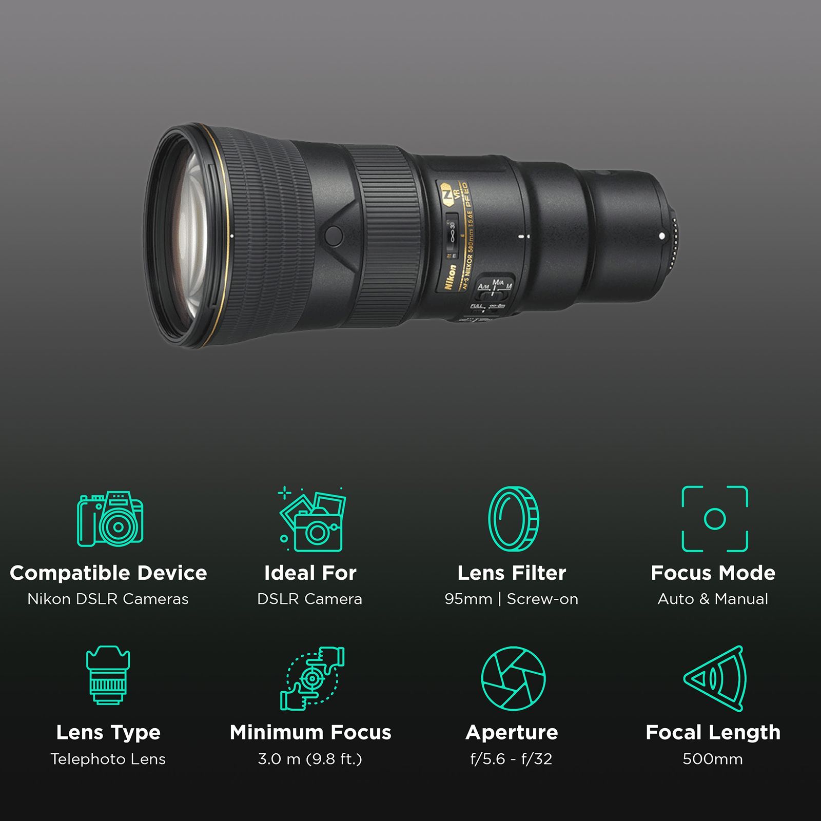 Nikon AF-S NIKKOR 500mm f/5.6 - f/32 Telephoto Prime Lens for Nikon F Mount (Silent Wave Motor)_3