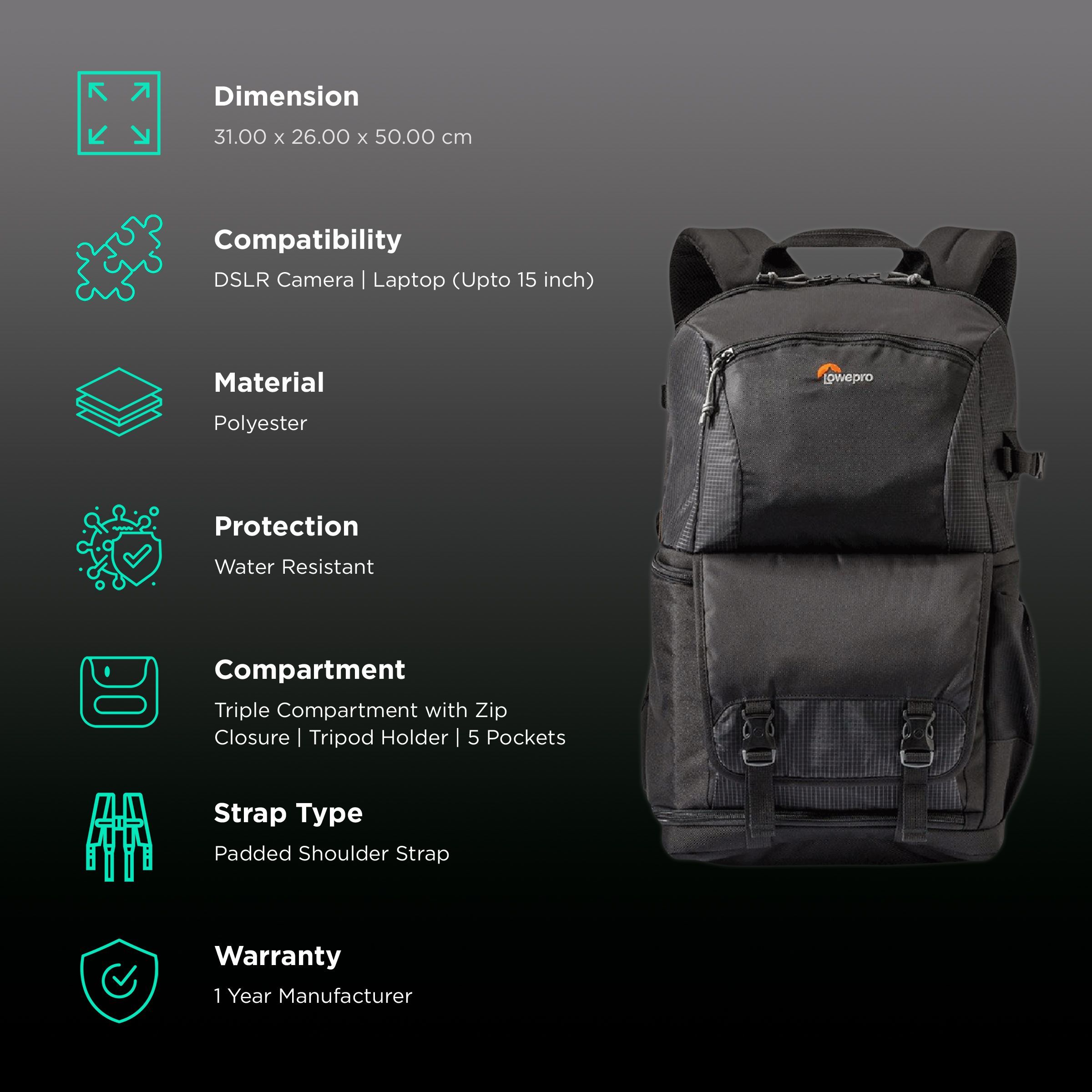 Lowepro Fastpack BP 250 AW II Water Resistant Backpack Camera Bag for DSLR/Point and Shoot Camera (Tripod Holder, Black)_2
