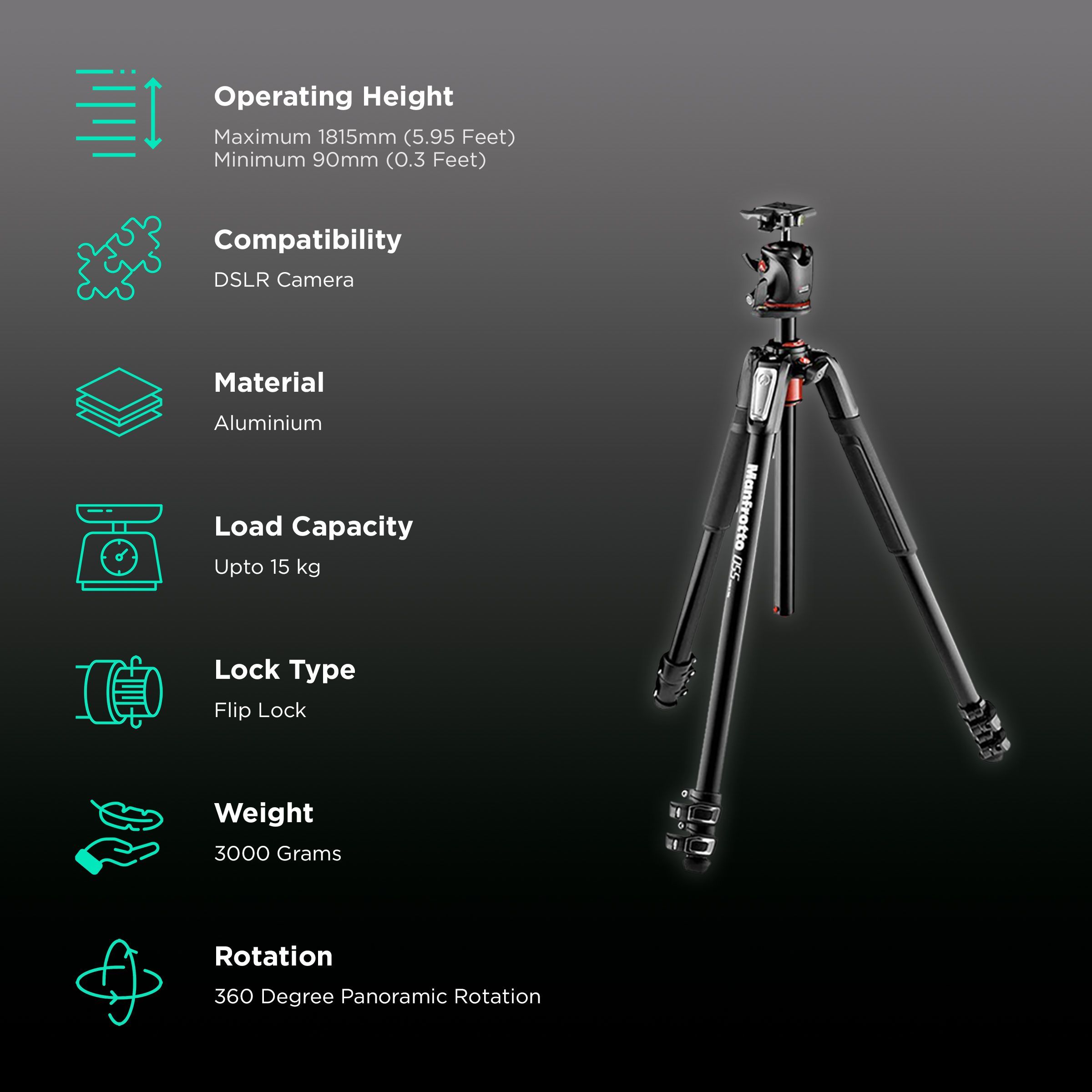 Manfrotto 55 181.5cm Adjustable Tripod for Camera (360 Degree Panoramic Rotation, Black)_2