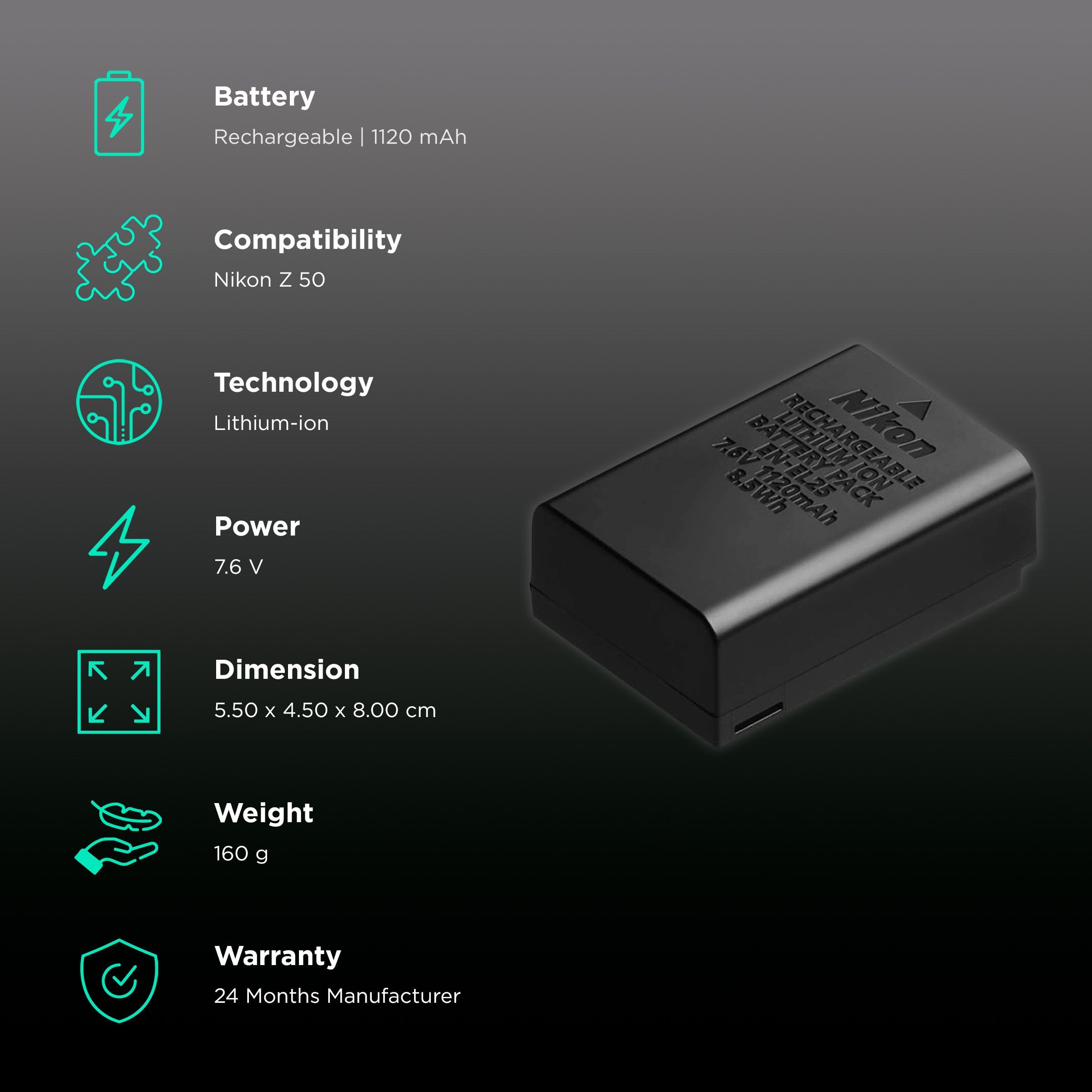 Nikon EN-EL25(IN)/F 1120 mAh Li-ion Rechargeable Battery for Z 50 Nikon EN-EL25(IN)/F 1120 mAh Li-ion Rechargeable Battery for Z 50_2