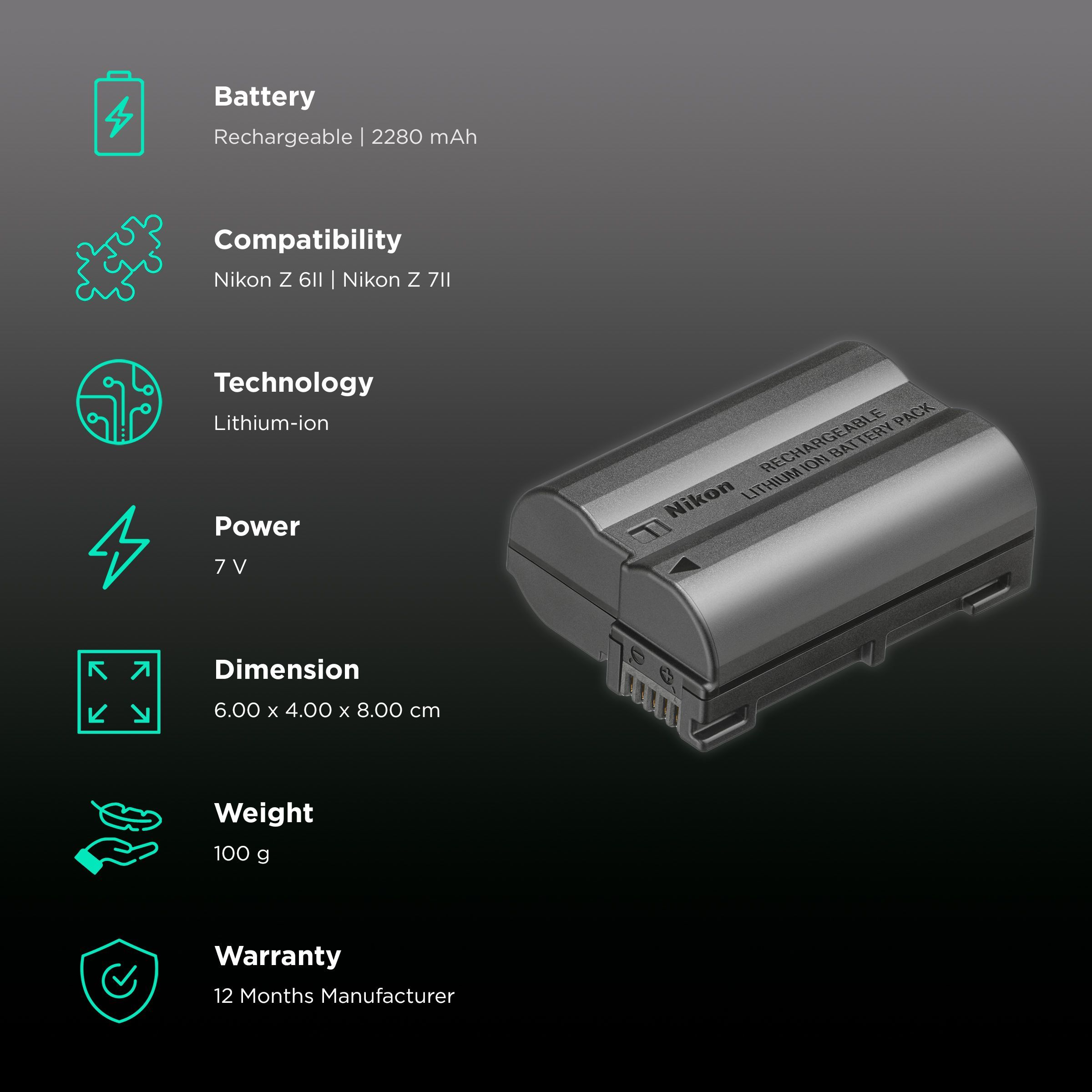 Nikon EN-EL15C 2280 mAh Li-ion Rechargeable Battery for Z 6II and Z 7II Nikon EN-EL15C 2280 mAh Li-ion Rechargeable Battery for Z 6II and Z 7II_2