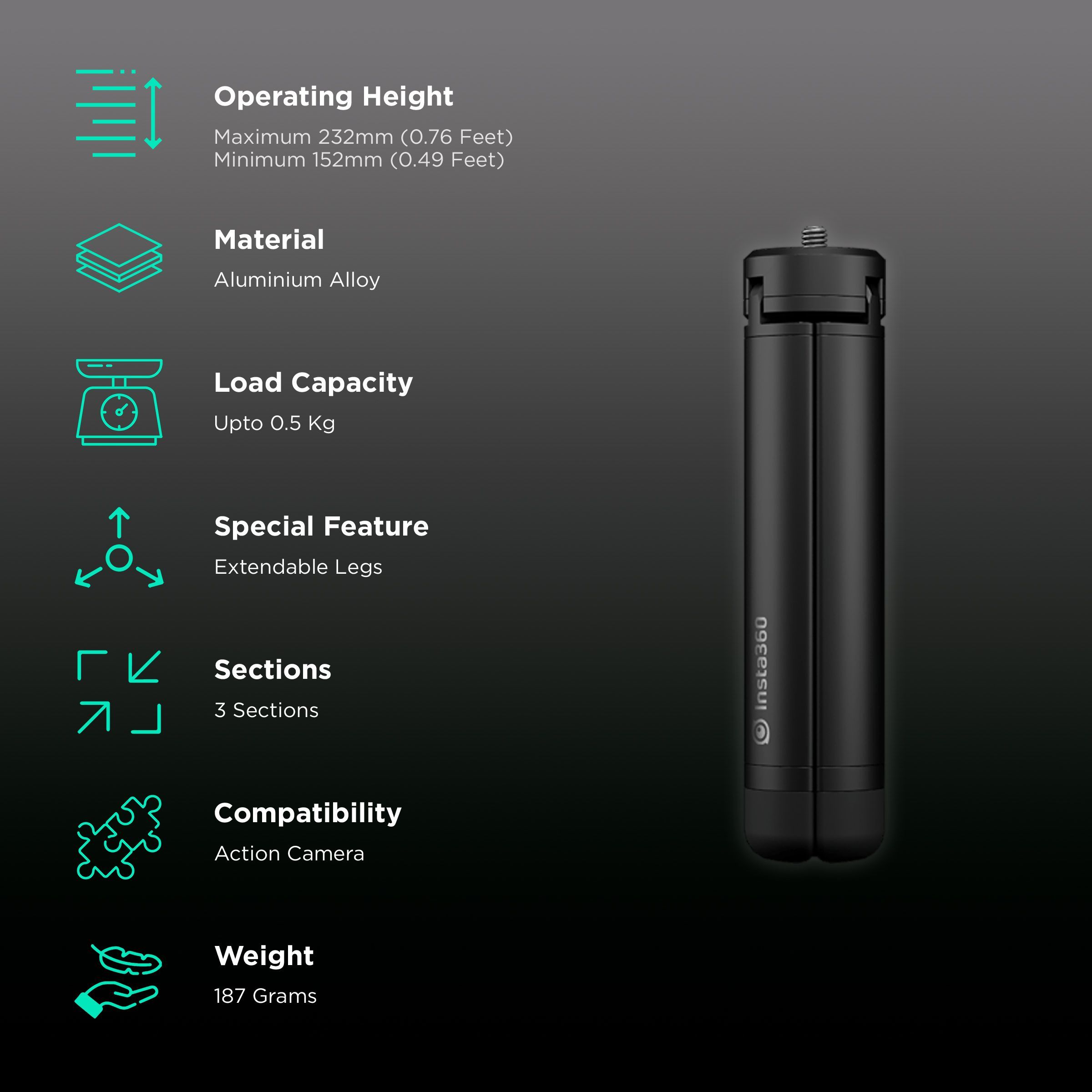 Insta360 All-Purpose 18cm Adjustable Mini Tripod for Camera (1/4 Inch Mounting Screw, Black)_2