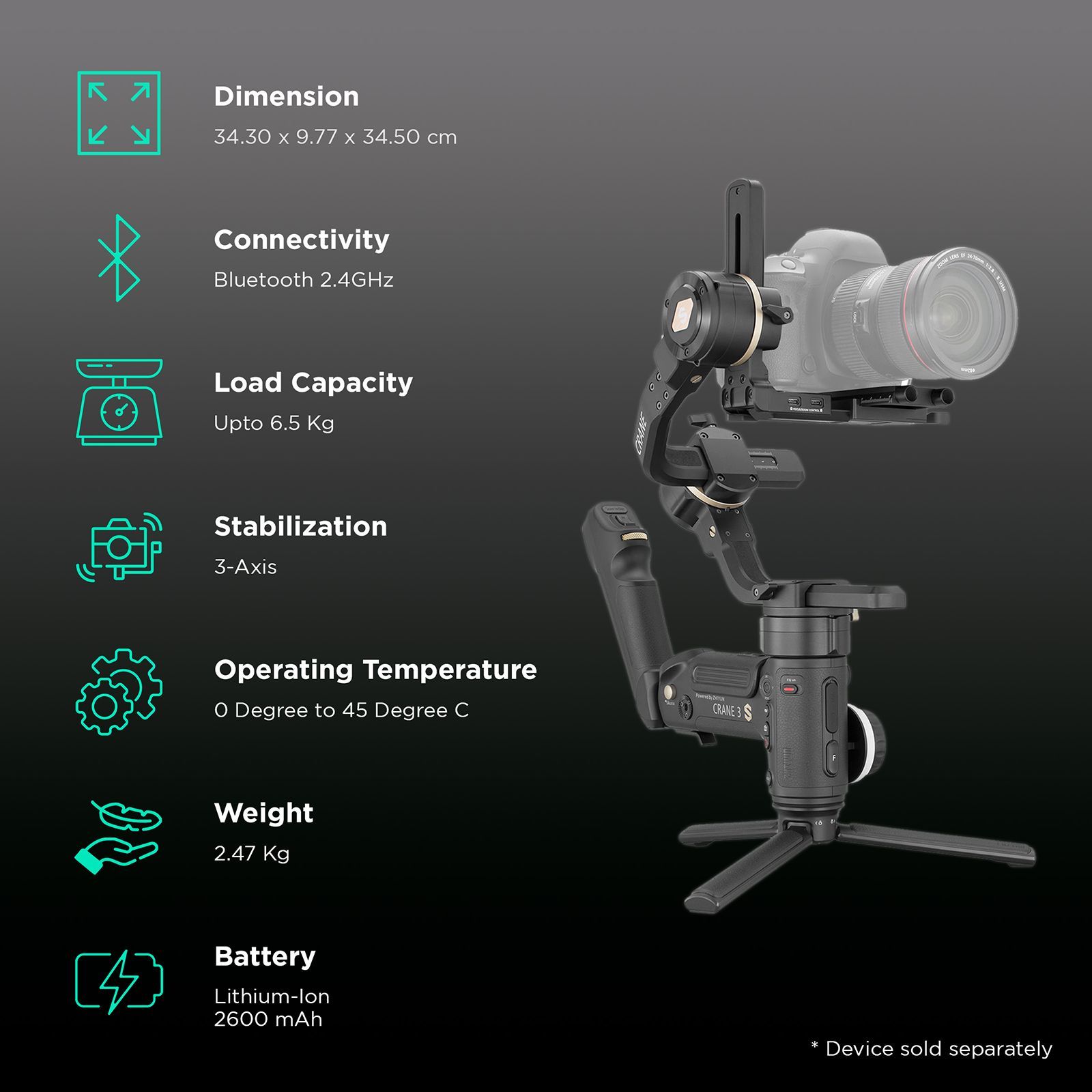 Zhiyun Crane 3S 3-Axis Gimble for Camera (ViaTouch 2.0 Control System, Black) Zhiyun Crane 3S 3-Axis Gimble for Camera (ViaTouch 2.0 Control System, Black)_2