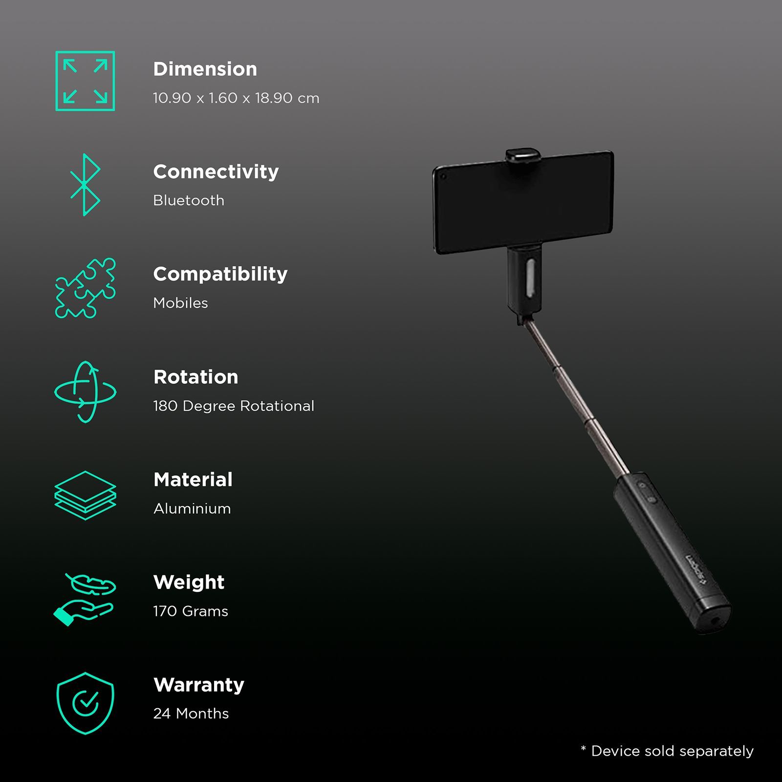 spigen S550W Selfie Stick (Bluetooth Wireless Technology, Midnight Black)_2