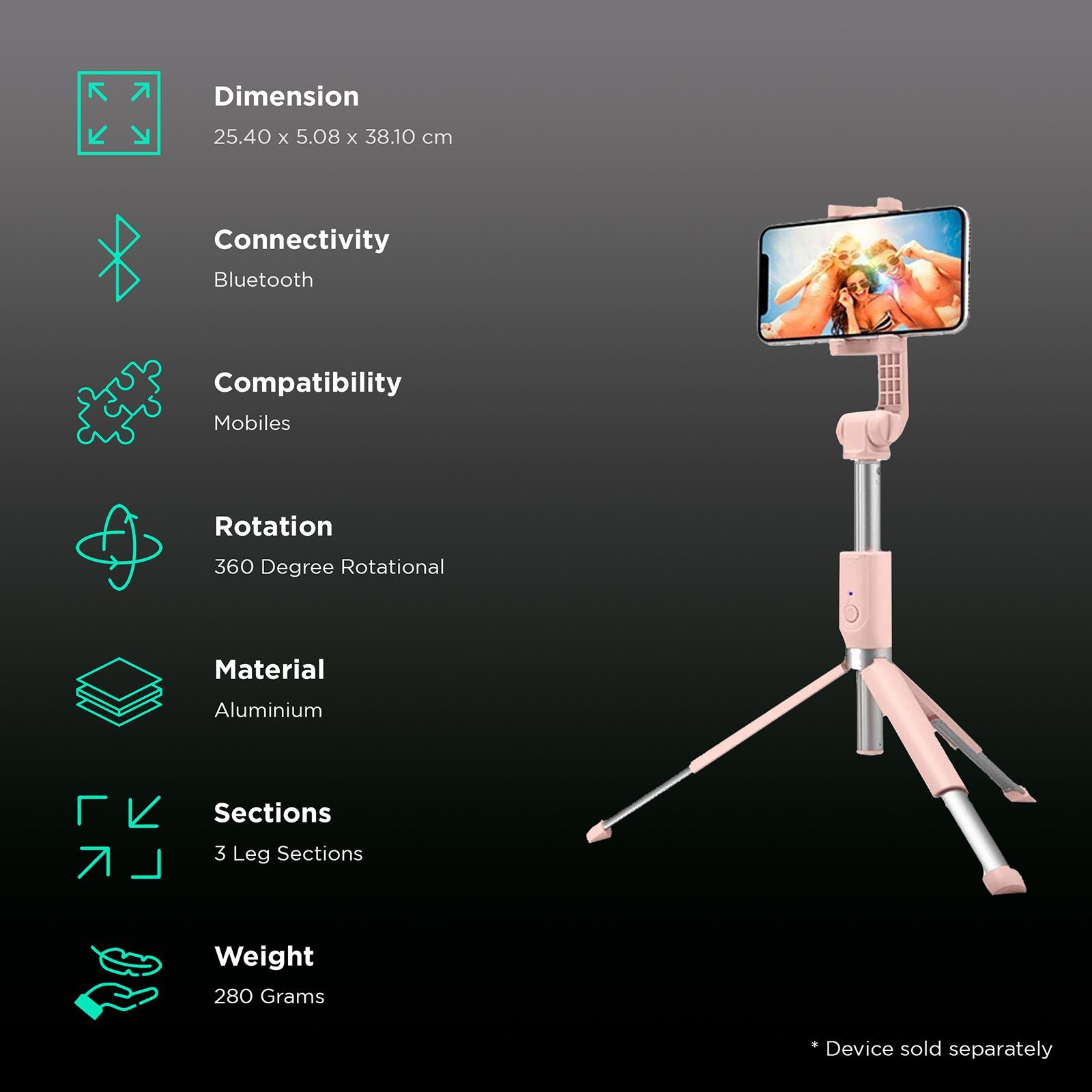 spigen S540W Selfie Stick with Tripod (Bluetooth Wireless Technology, 000SS24611, Peach Pink)_2