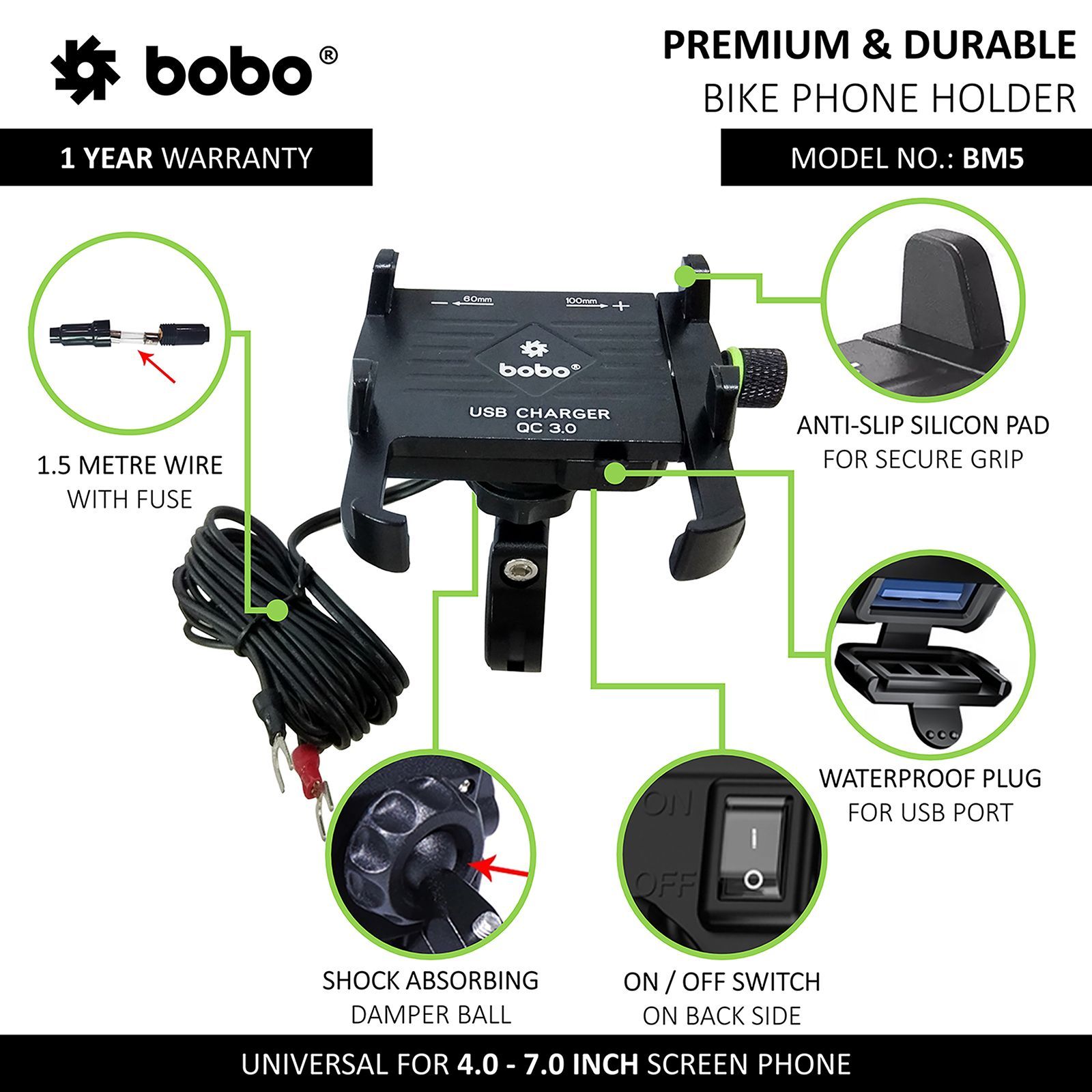 bobo BM5 Claw Bike Mount for Mobile (Fast USB 3.0 Charger, Black)_7