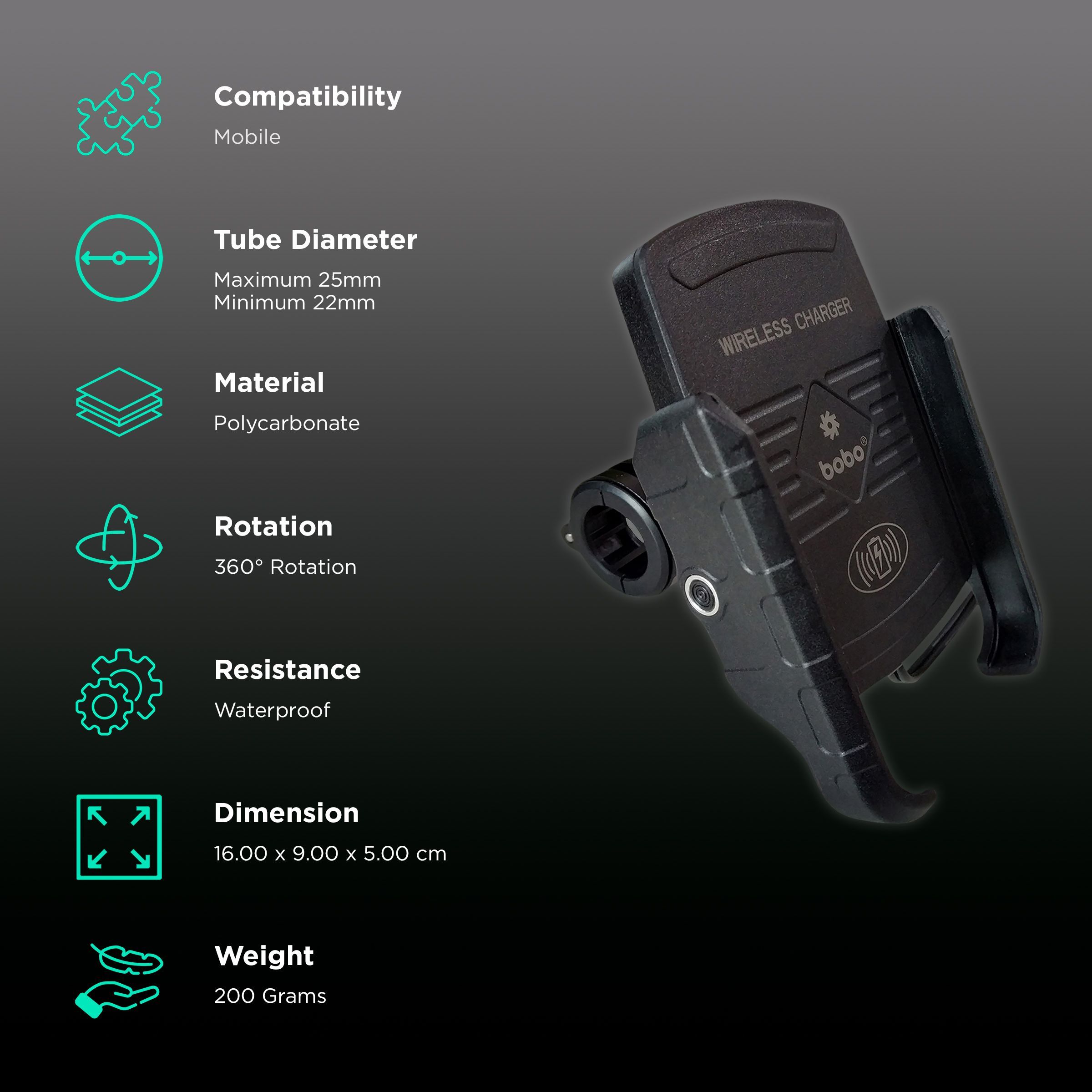 bobo BM6 Jaw Bike Mount for Mobile (Fast 15W Wireless Charger, Black)_2