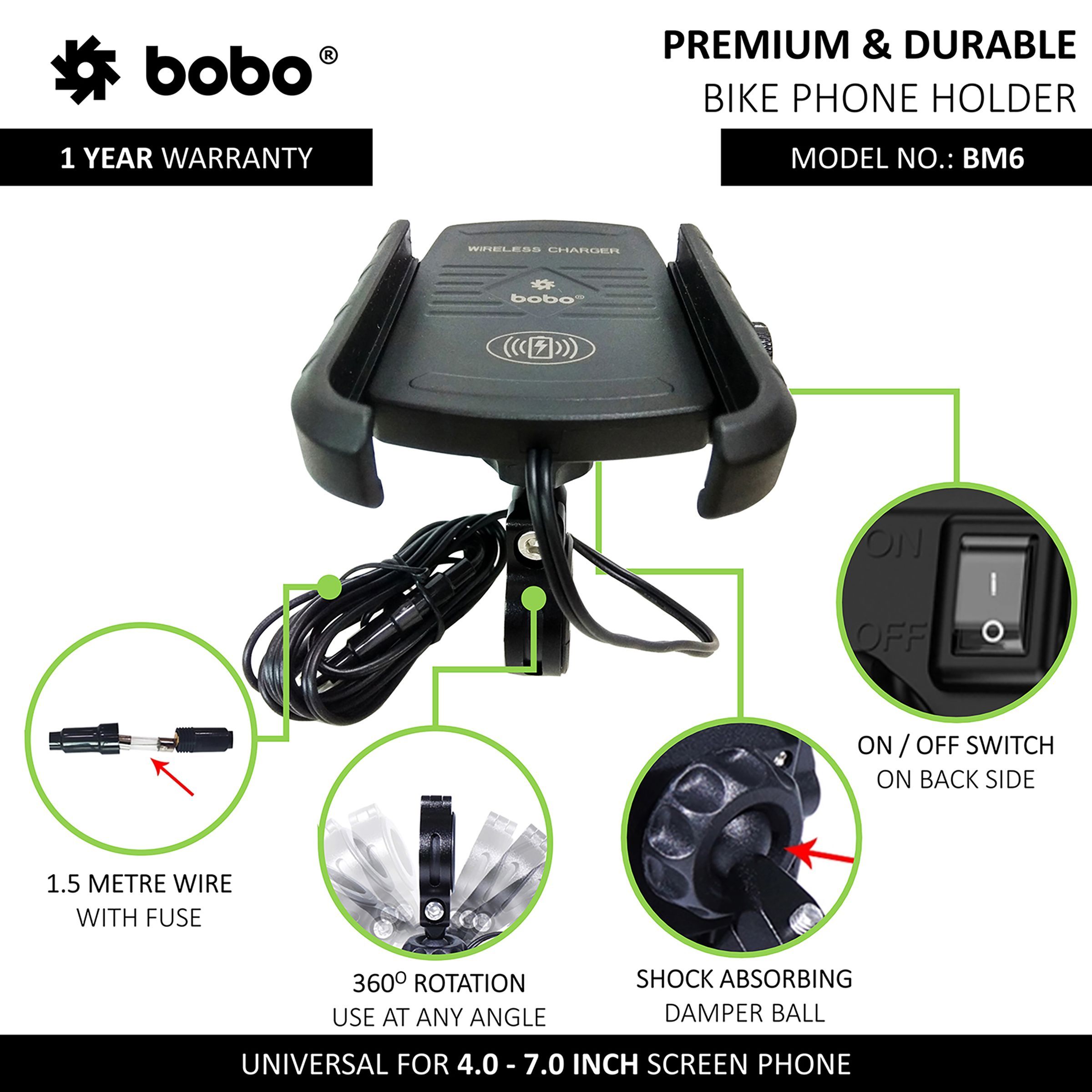 bobo BM6 Jaw Bike Mount for Mobile (Fast 15W Wireless Charger, Black)_5