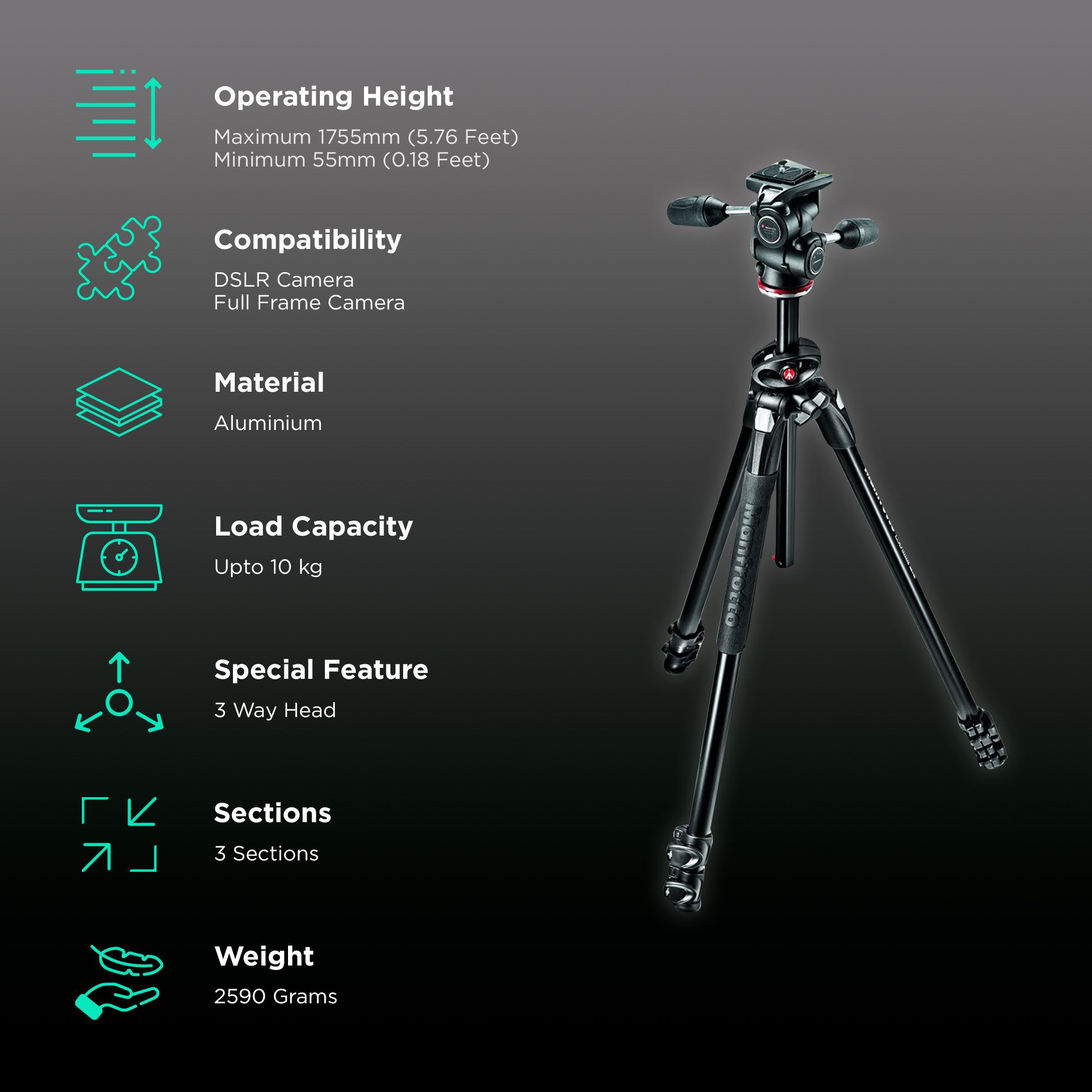 Manfrotto 290 175.5cm Adjustable Tripod for Camera (360 Degree Panoramic Rotation, Black)_2