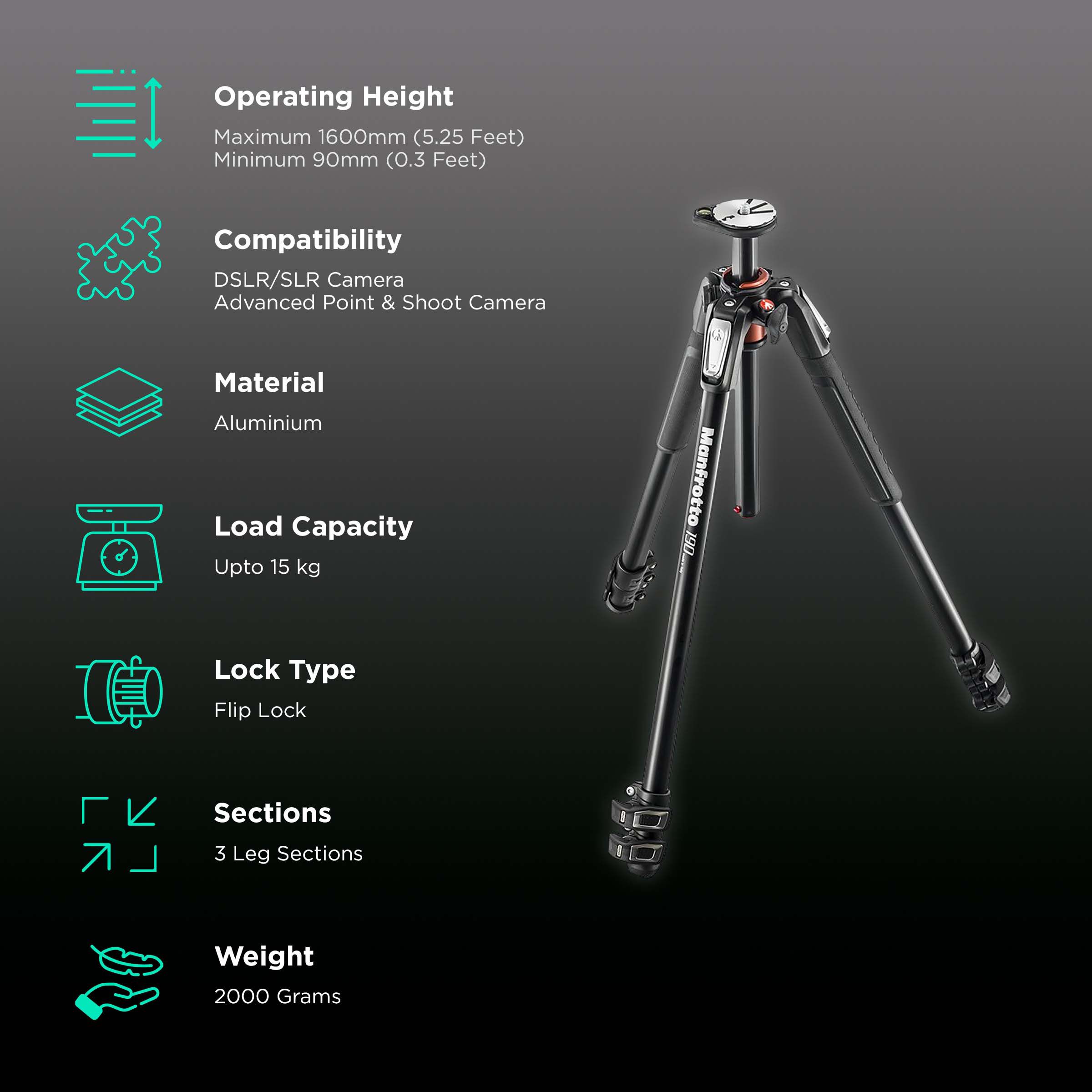 Manfrotto 190 160cm Adjustable Tripod for Camera (90 Degree Rotation, Black)_2