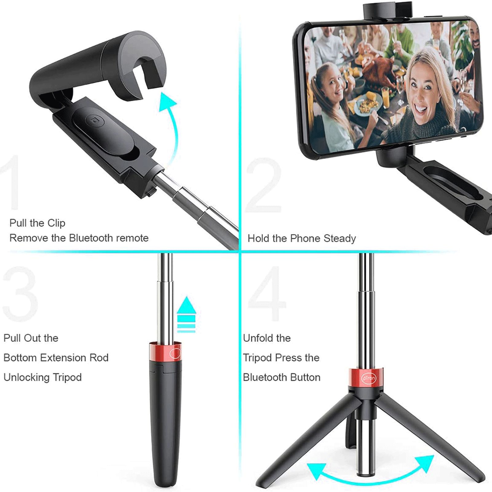 pTron Glam Plus 73cm Adjustable Bluetooth Selfie Stick with Tripod for Mobile (360 Degree Adjustable Phone Cradle, Black/Red)_5