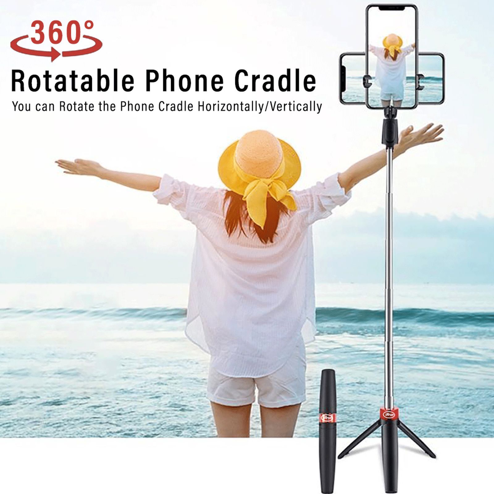 pTron Glam Plus 73cm Adjustable Bluetooth Selfie Stick with Tripod for Mobile (360 Degree Adjustable Phone Cradle, Black/Red)_6