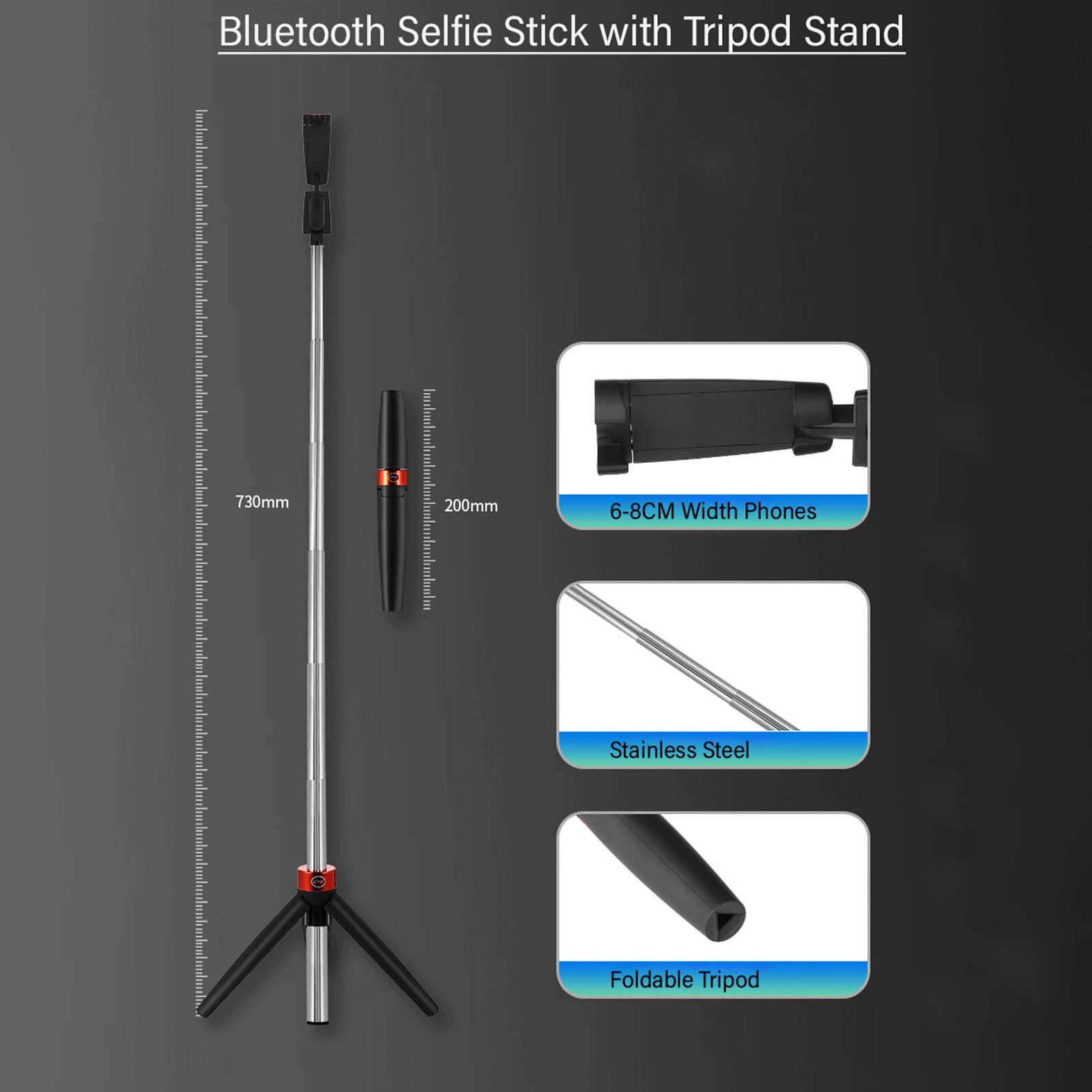 pTron Glam Plus 73cm Adjustable Bluetooth Selfie Stick with Tripod for Mobile (360 Degree Adjustable Phone Cradle, Black/Red)_7
