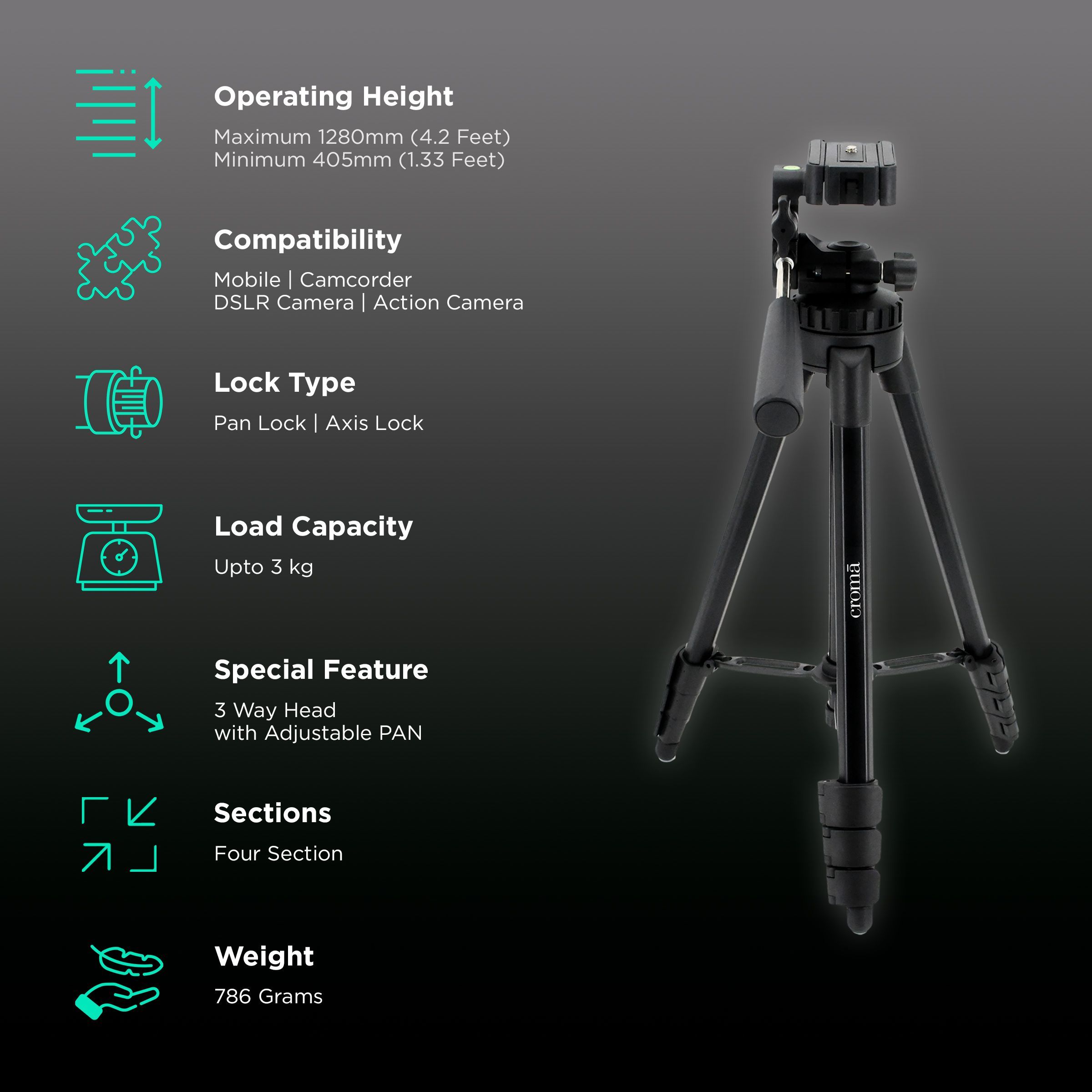 Croma 128cm Adjustable Tripod for Mobile and Camera (3 Way Pan Head, Black)_2