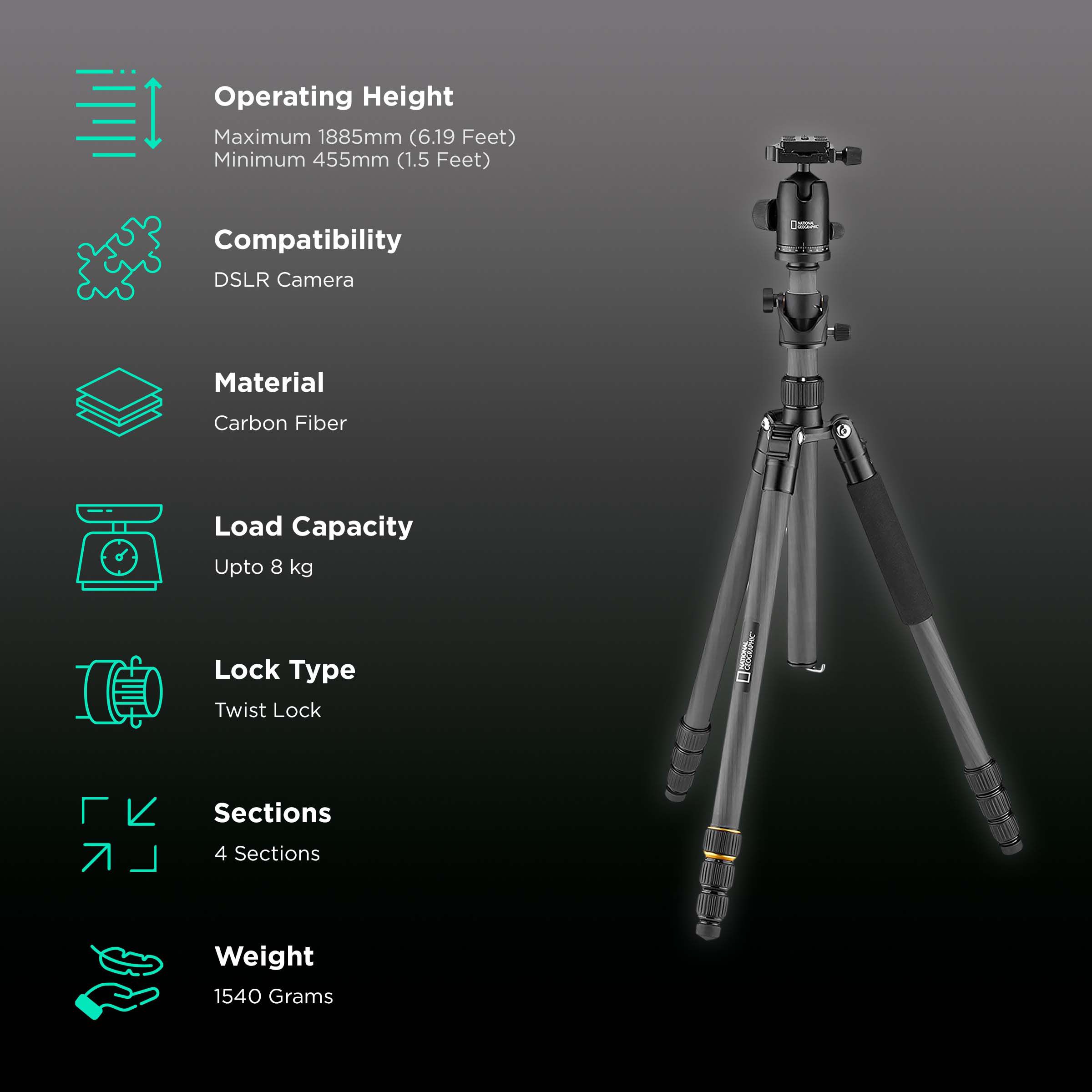 NATIONAL GEOGRAPHIC Travel Photo 188.5cm Adjustable Tripod for Camera (2 in 1, Black)_2