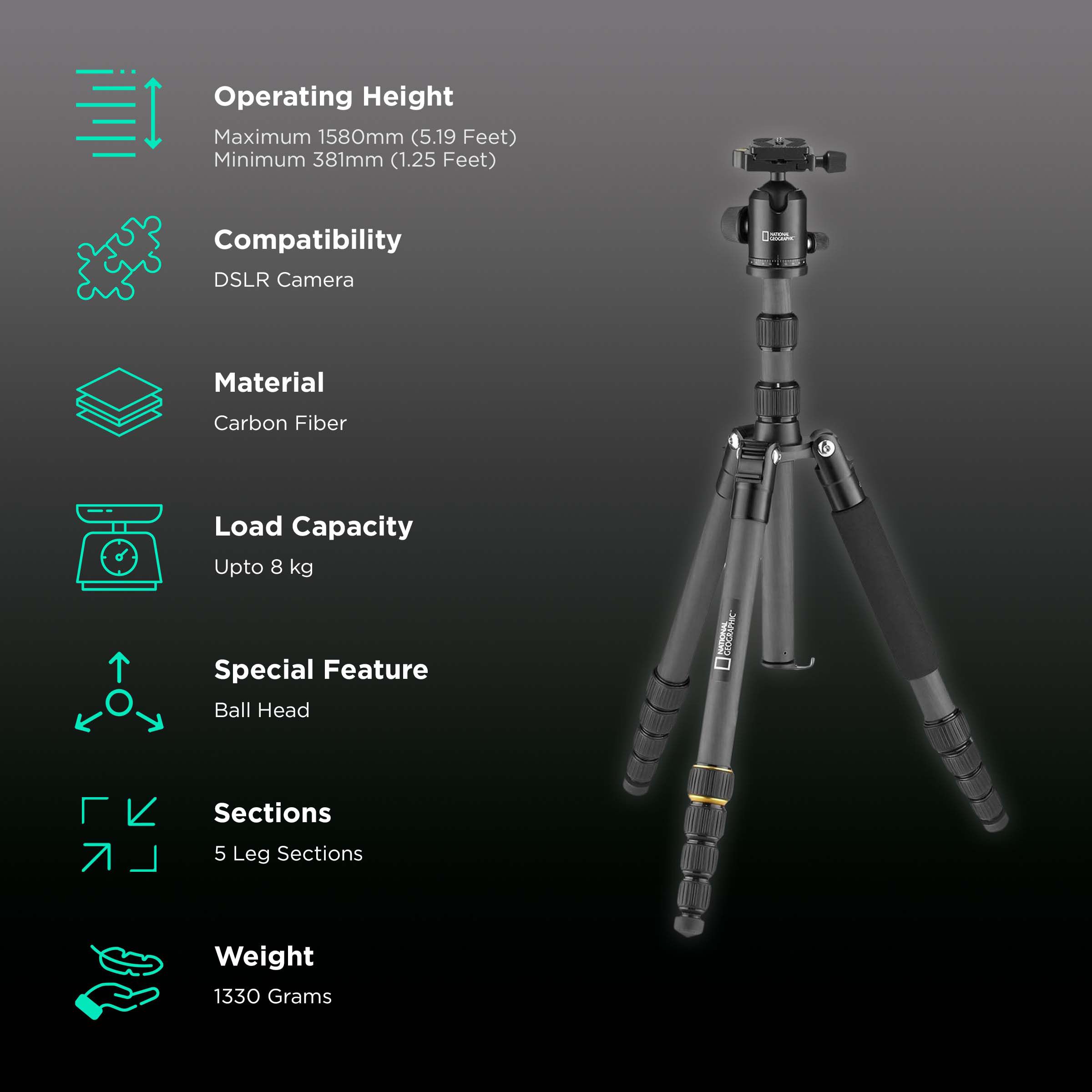 NATIONAL GEOGRAPHIC Travel Photo 158cm Adjustable Tripod for Camera (2 in 1, Black)_2