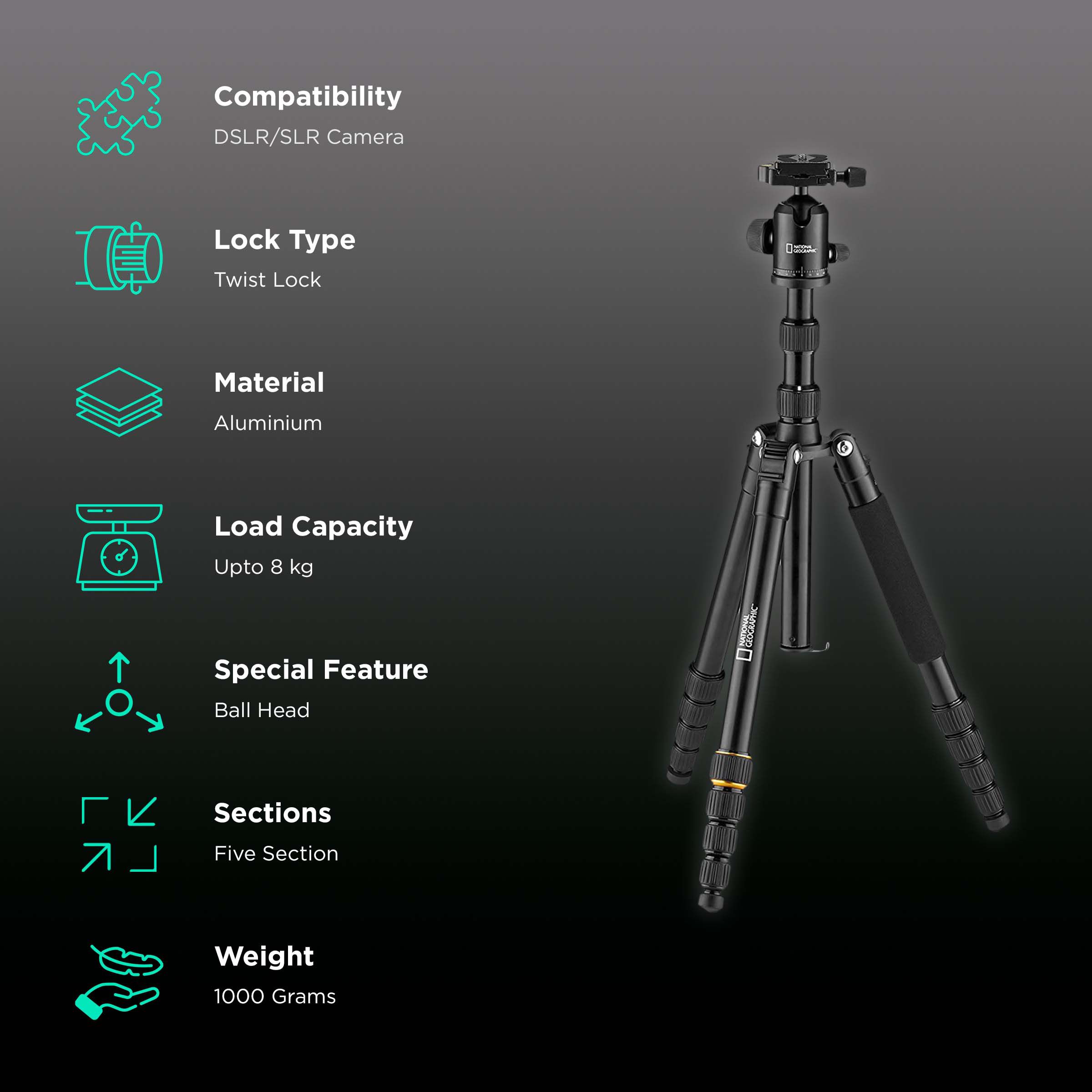 NATIONAL GEOGRAPHIC 158cm Adjustable Tripod for Camera (Twist Lock, Black)_2