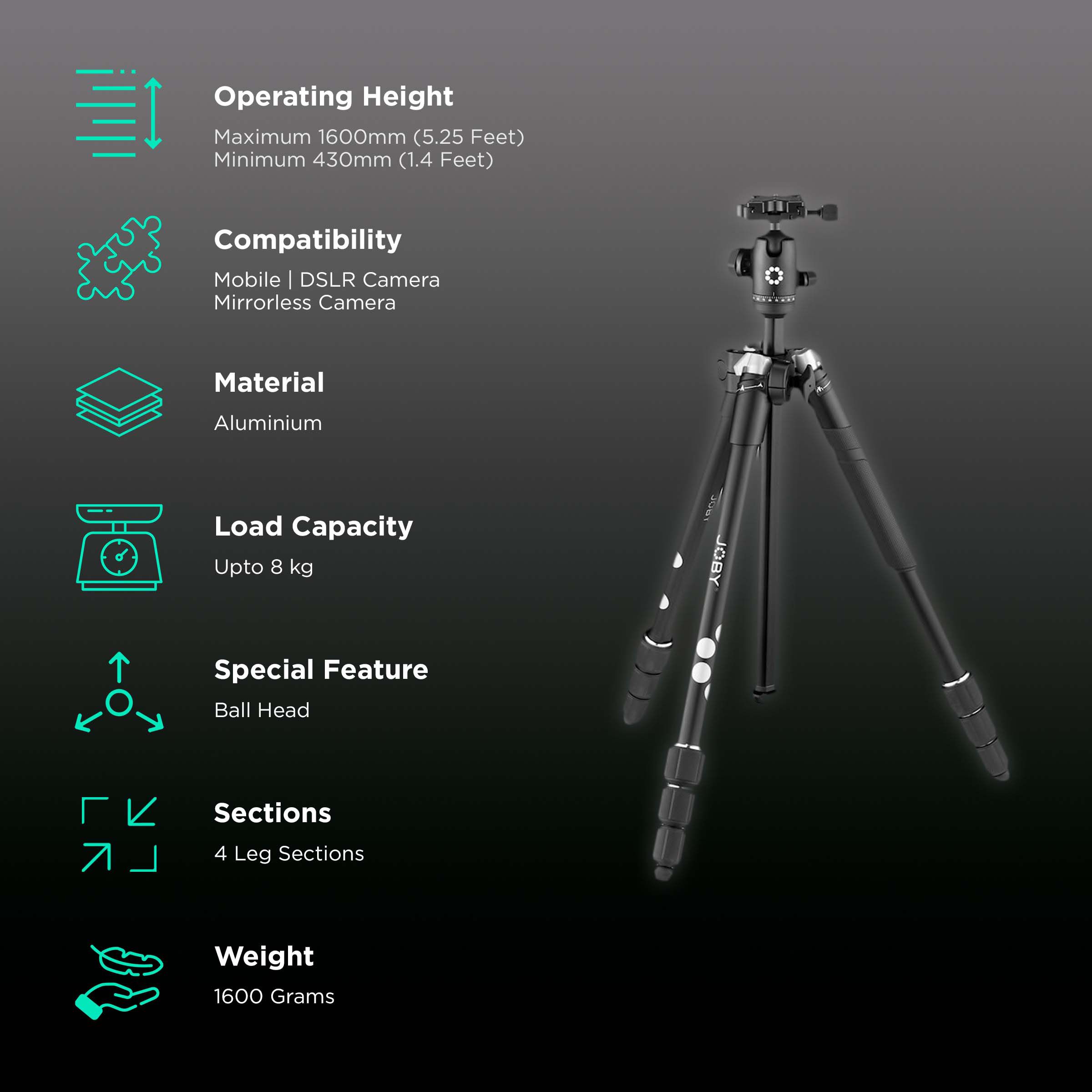 JOBY RangePod 160cm Adjustable Tripod for Mobile and Camera (360 Degree Panoramic Rotation, Black)_2