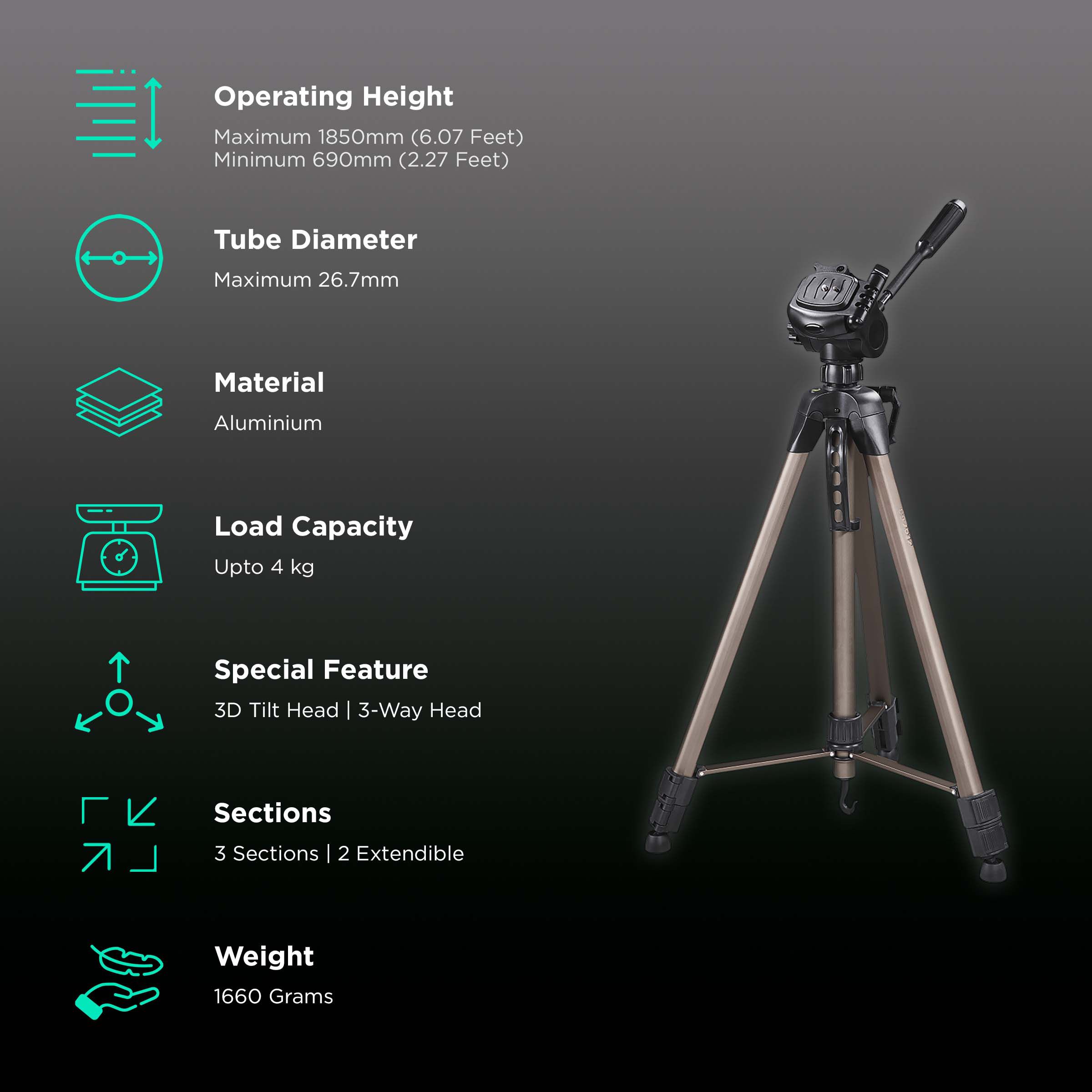 hama Star 64 185cm Adjustable Tripod for Mobile and Camera (3D Tilt Head, 4464, Beige)_2