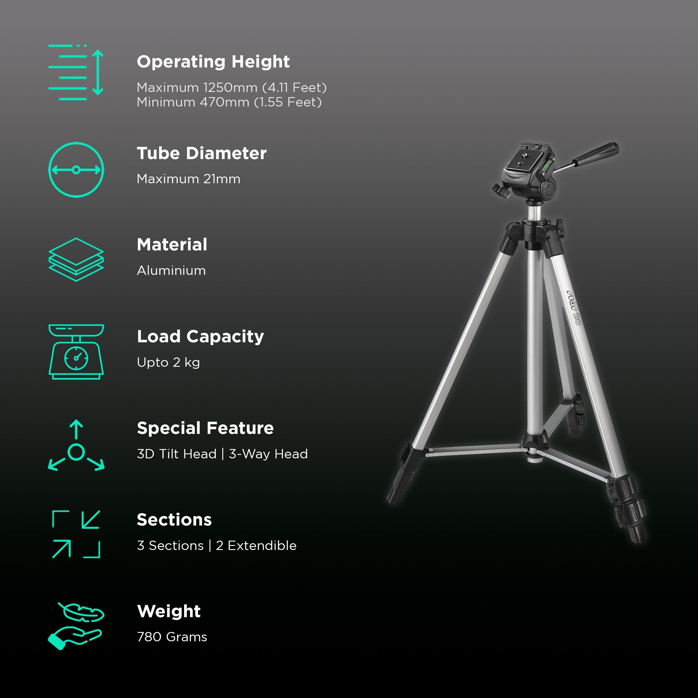 hama Star 20 125cm Adjustable Tripod for Camera (3D Tilt Head, Silver)_2
