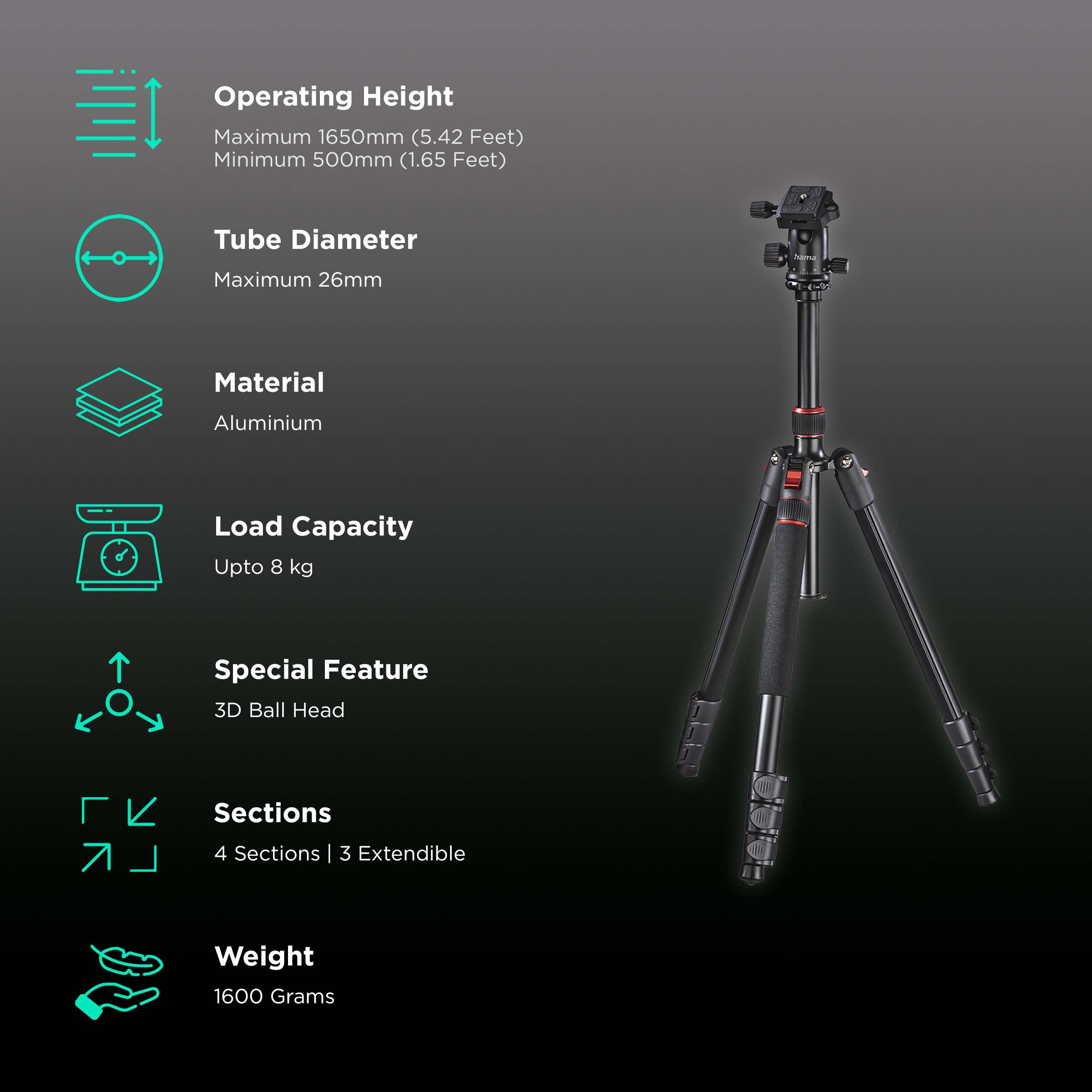 hama Tar Duo 165cm Adjustable Tripod for Camera (Ball Head with Panoramic Function, Black)_2