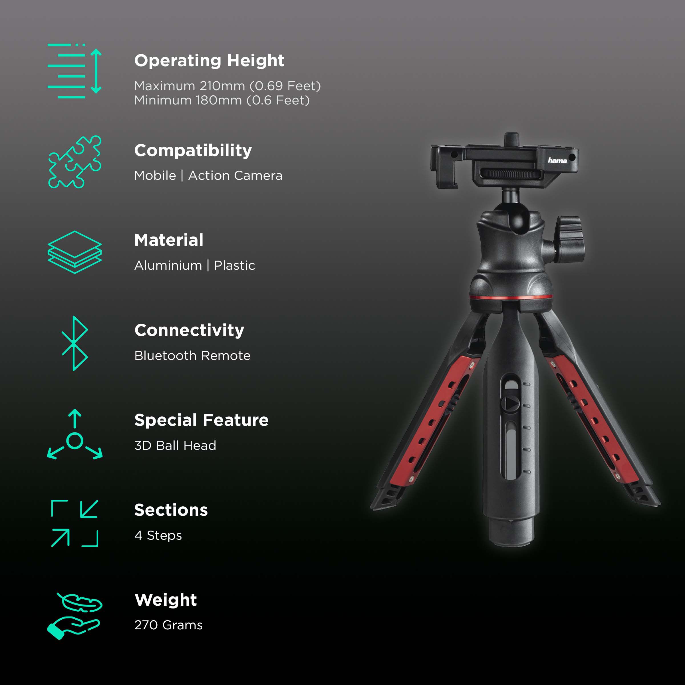 hama Solid II 21B 21cm Adjustable Tripod for Mobile and Camera (3D Ball Head, Black)_2