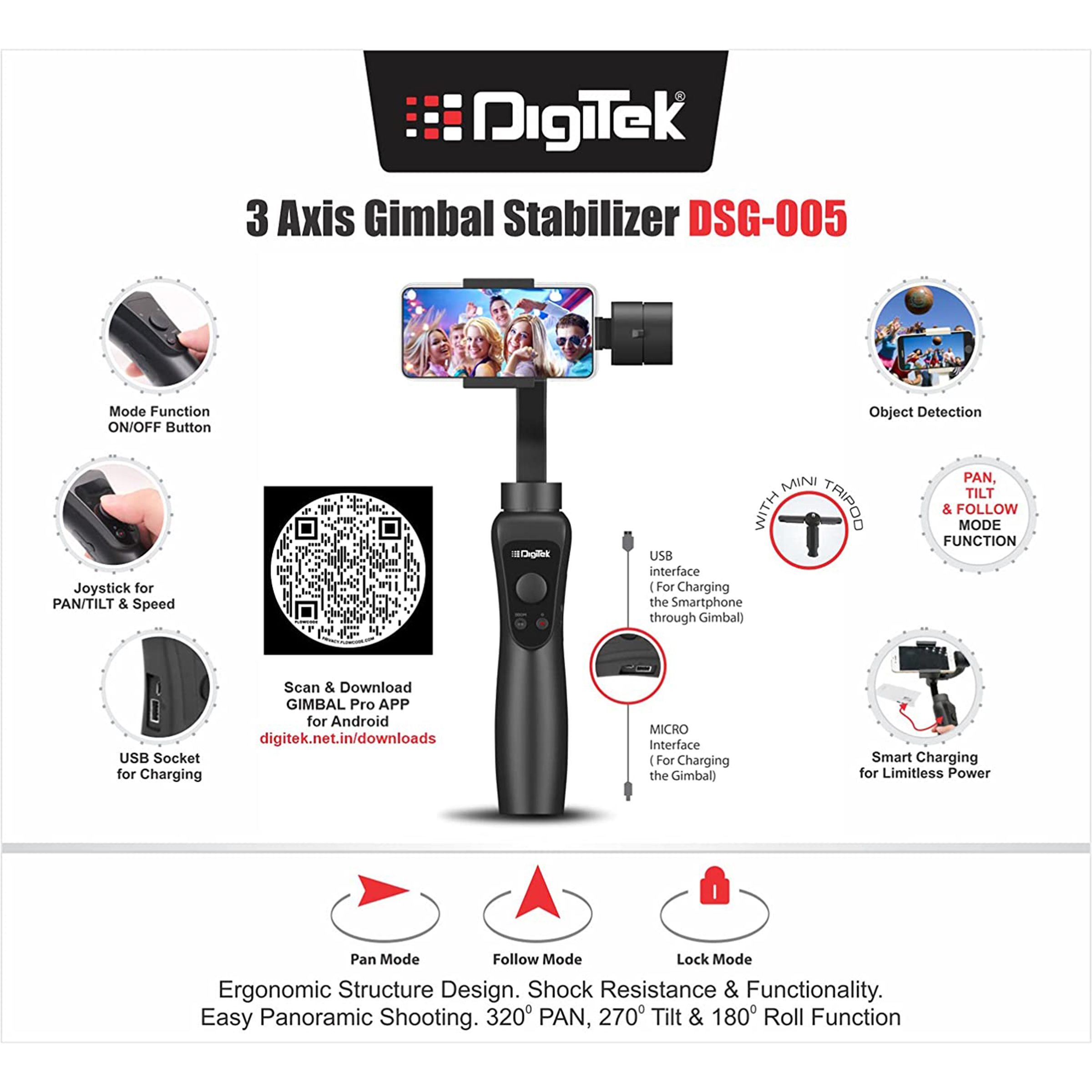 DigiTek DSG 005 3-Axis Gimbal for Mobile (Face & Object Tracking Motion, Black)_12