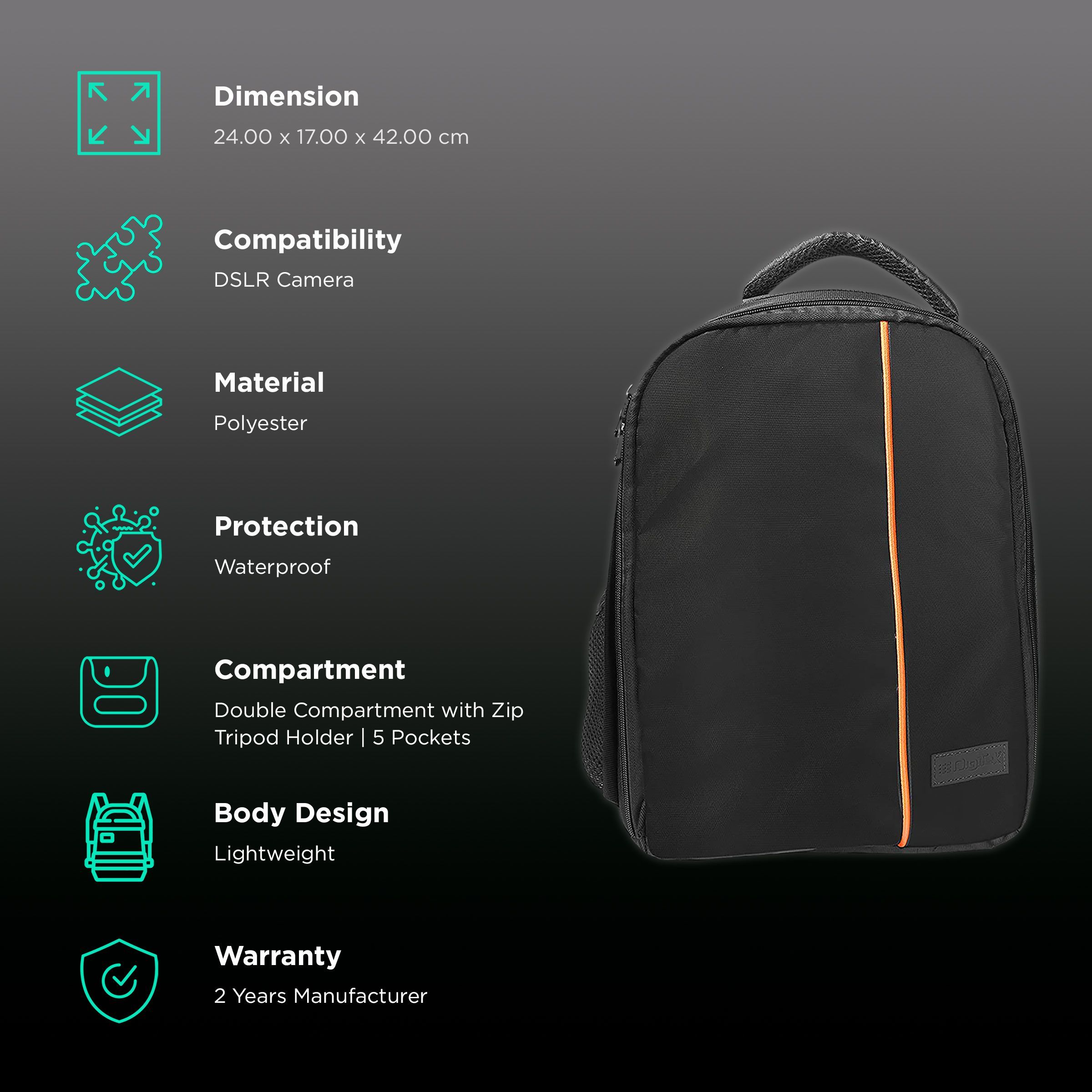 DigiTek DCB 002 Waterproof Backpack Camera Bag for DSLR (Tripod Holder, Black/Orange)_2