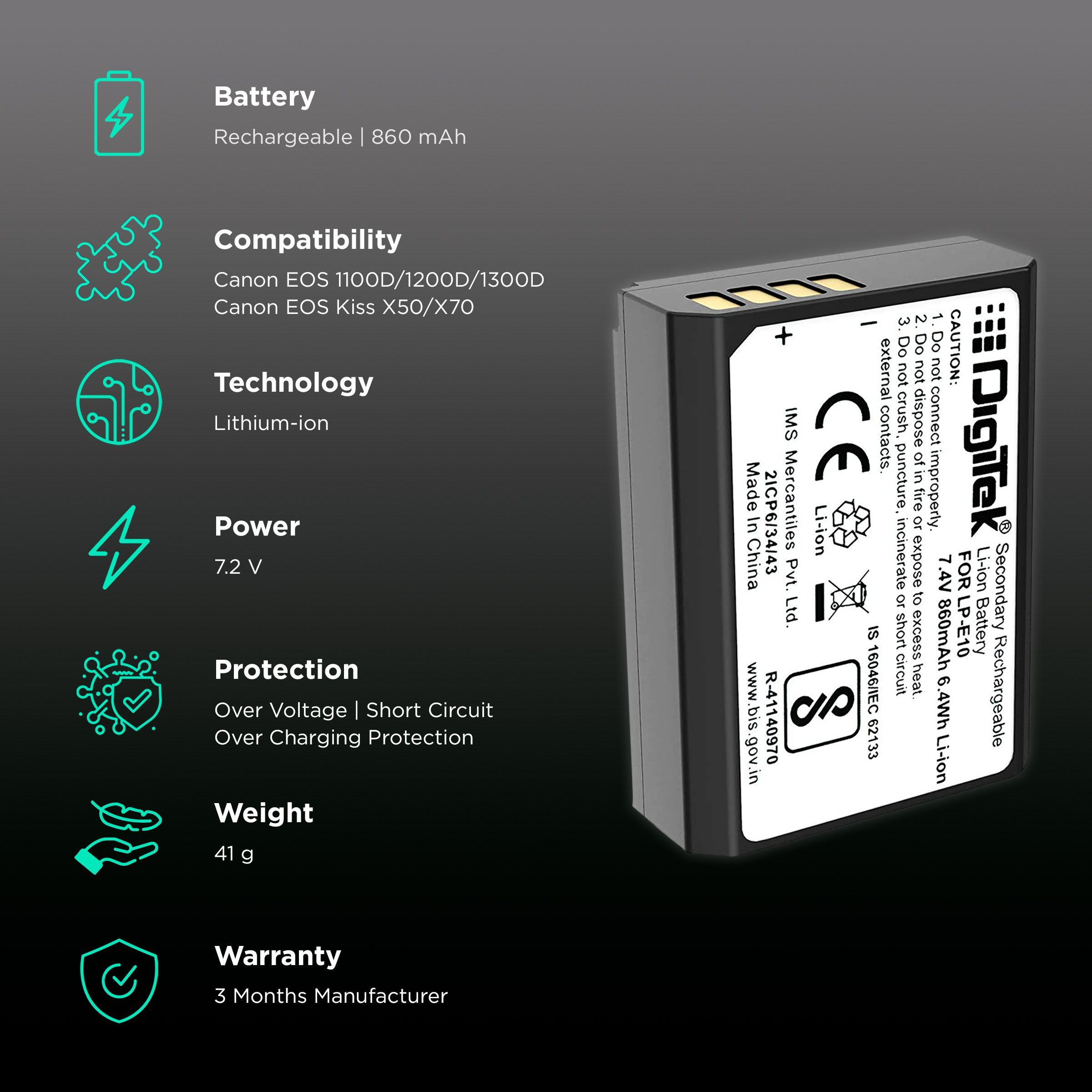 DigiTek LP-E10 860 mAh Li-ion Rechargeable Battery for EOS 1100D, 1200D, 1300D and Rebel T3_2