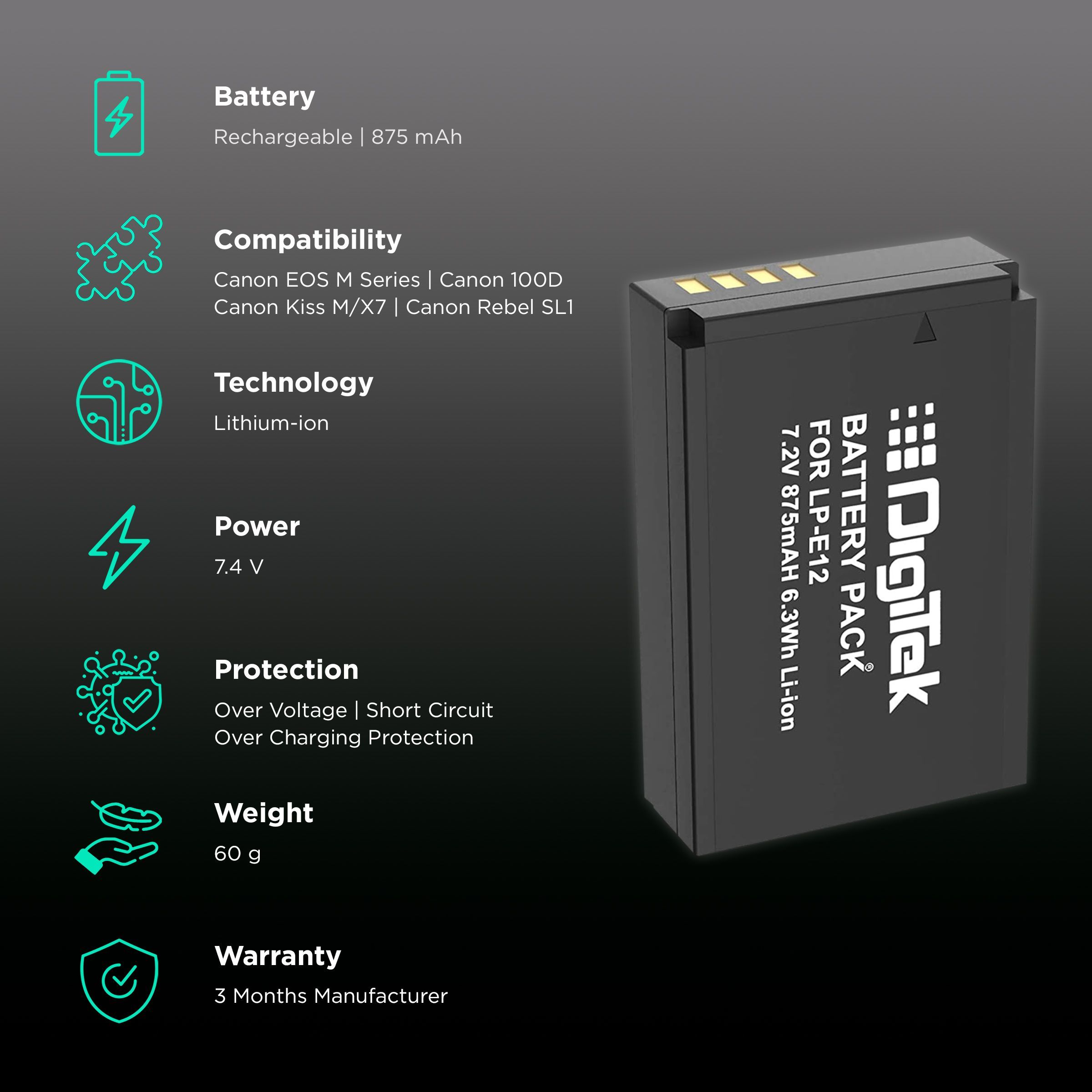 DigiTek LP-E12 875 mAh Li-ion Rechargeable Battery for EOS M Series, 100D, Rebel SL1 and PowerShot SX70 HS_2