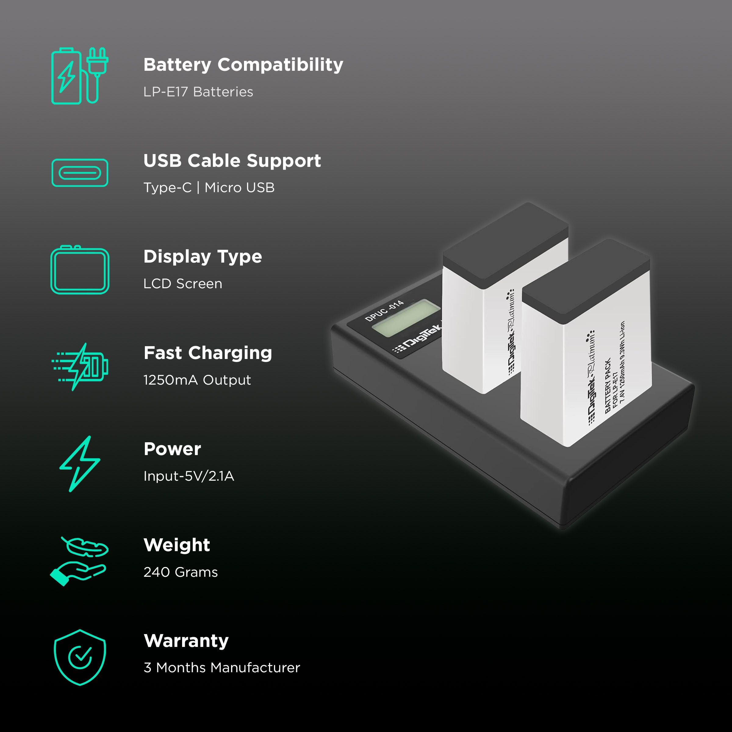 DigiTek Platinum DPUC 014D Camera Battery Charger Combo for LP-E17 (2-Ports) DigiTek Platinum DPUC 014D Camera Battery Charger Combo for LP-E17 (2-Ports)_2