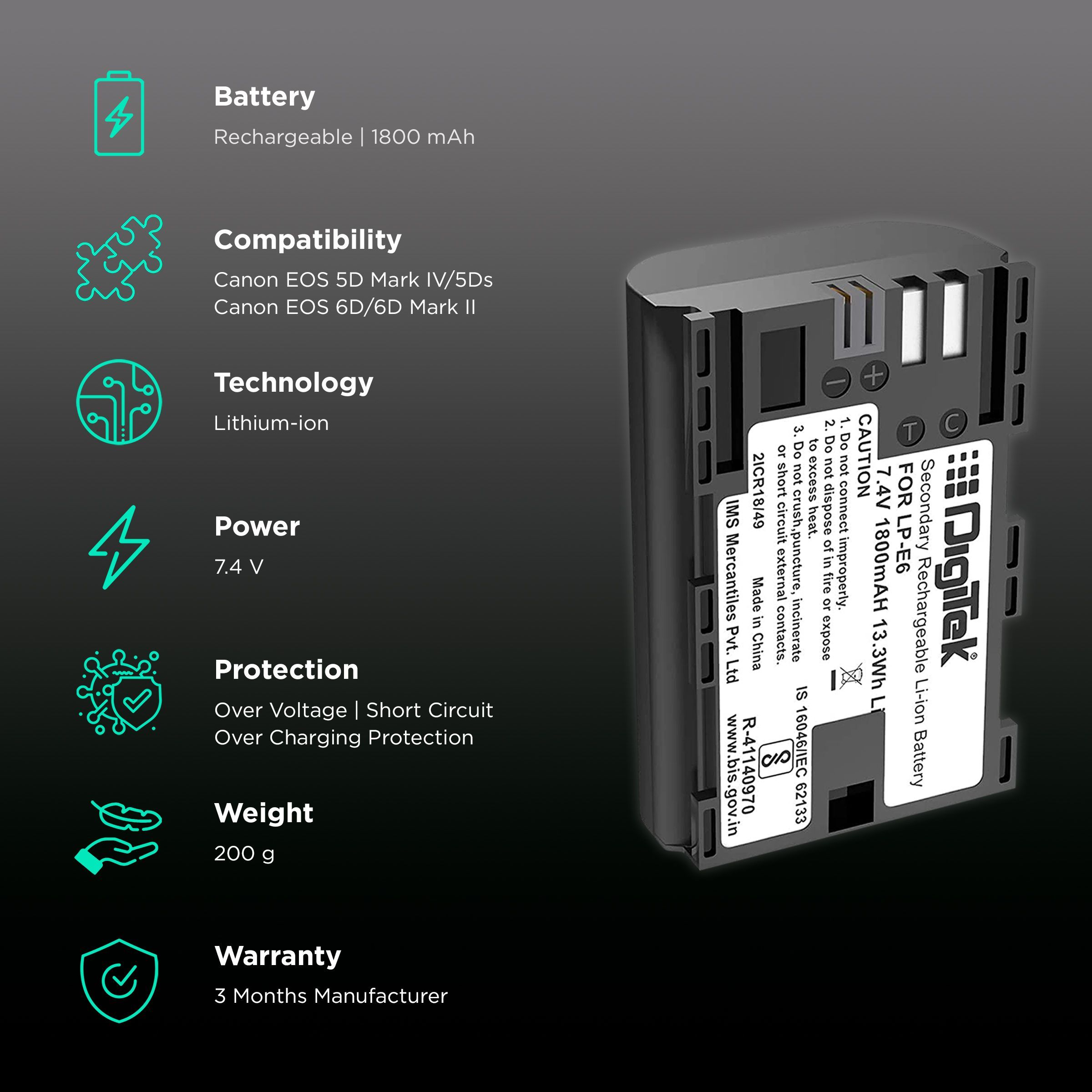 DigiTek LP-E6 New 1800 mAh Li-ion Rechargeable Battery for EOS 5D Mark IV, 5Ds, 5DS R, 6D and 6D Mark II_2
